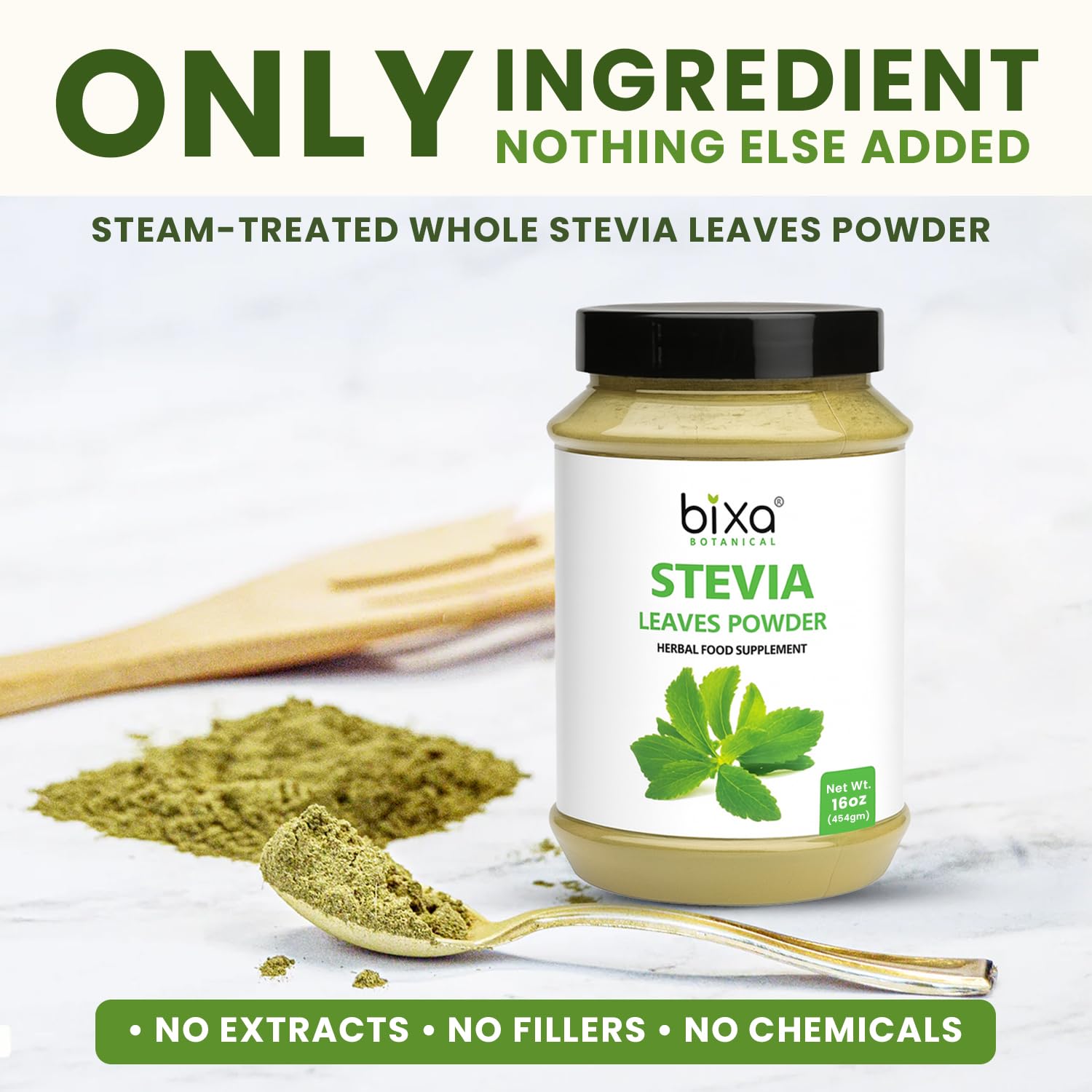 Bixa BOTANICAL Stevia Powder 517g side view showing ingredients