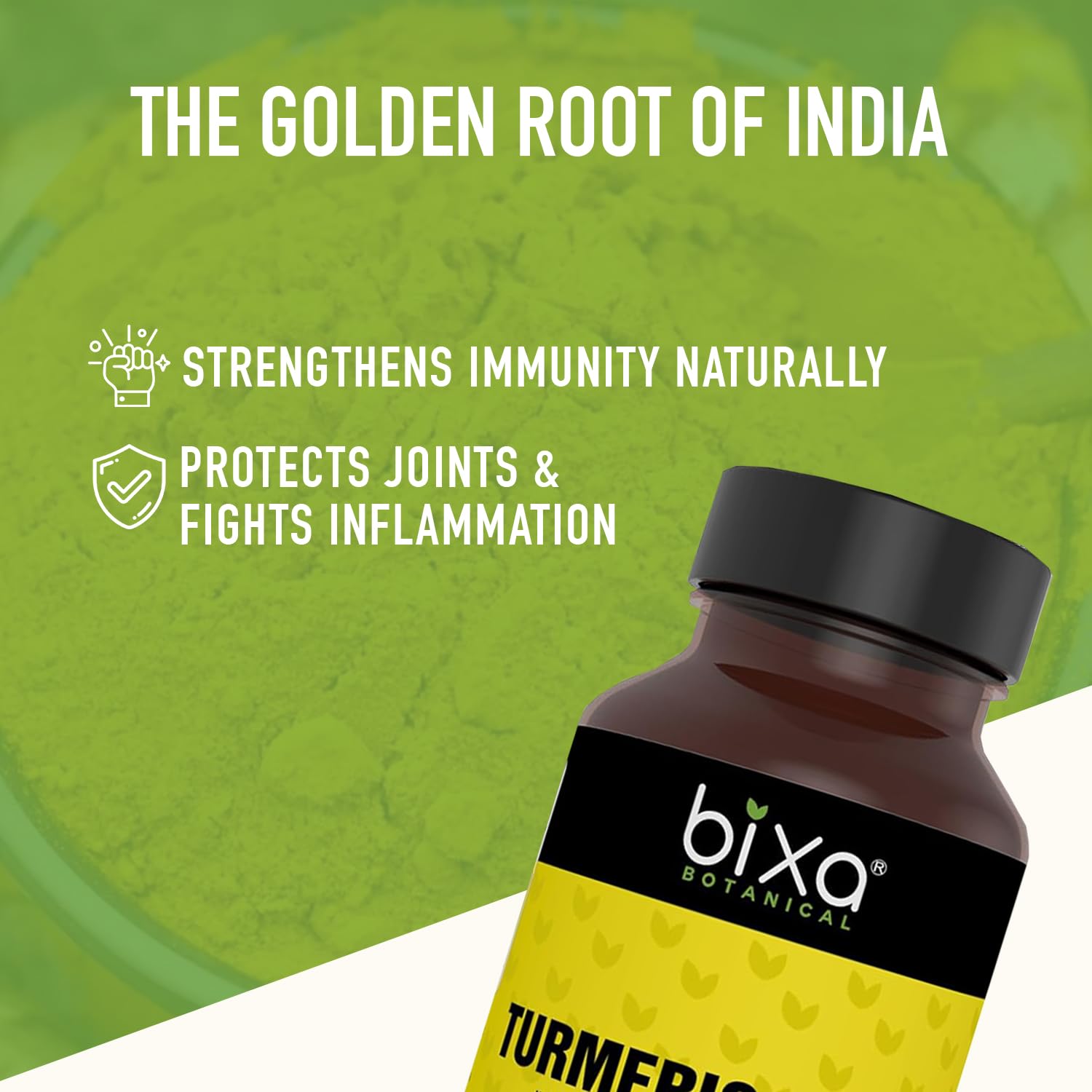 bixa BOTANICAL Turmeric Forte capsules on a wooden table