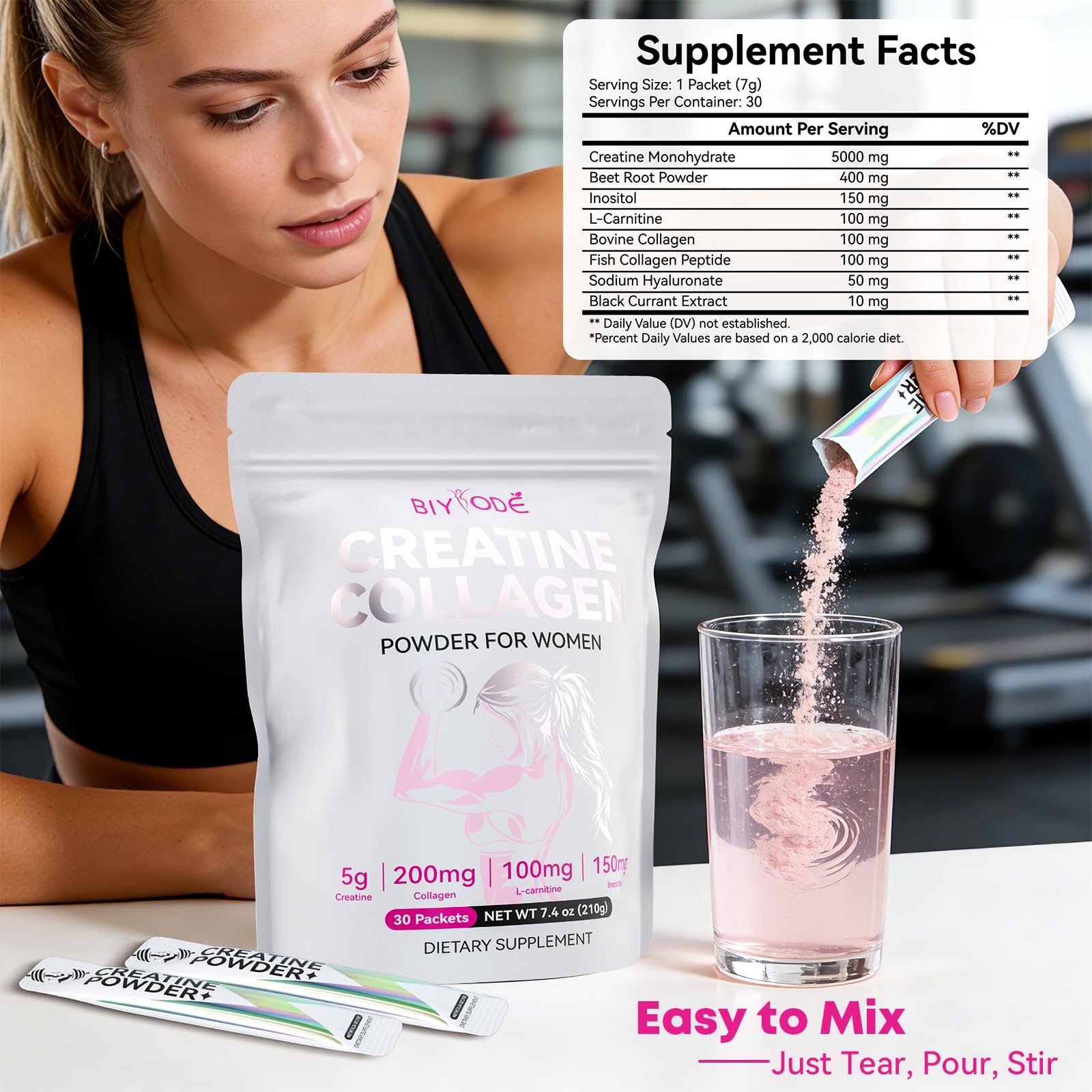 BIYODE Creatine Monohydrate individual packet with dosage details