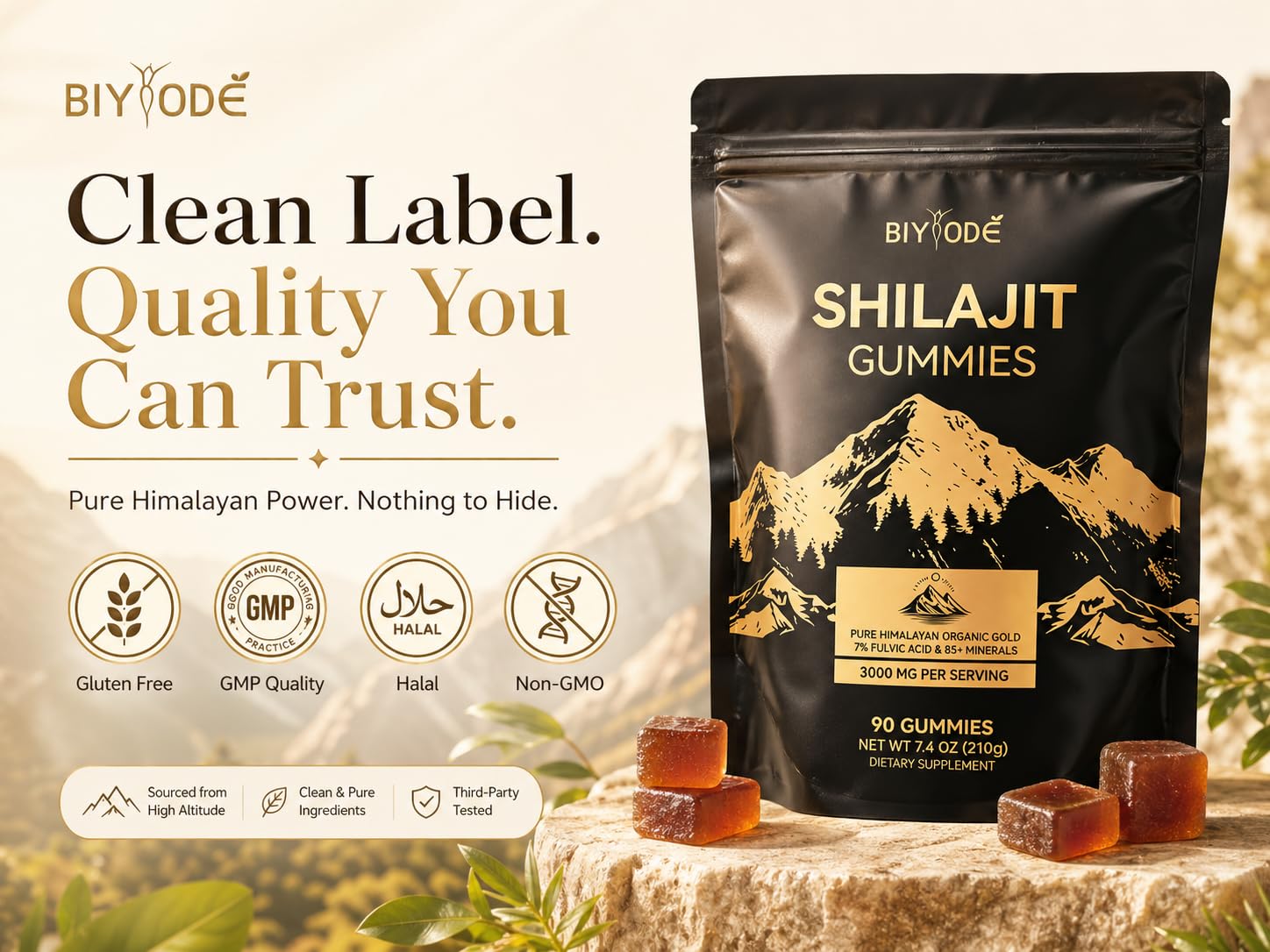 BIYODE Shilajit Gummies on a wooden table