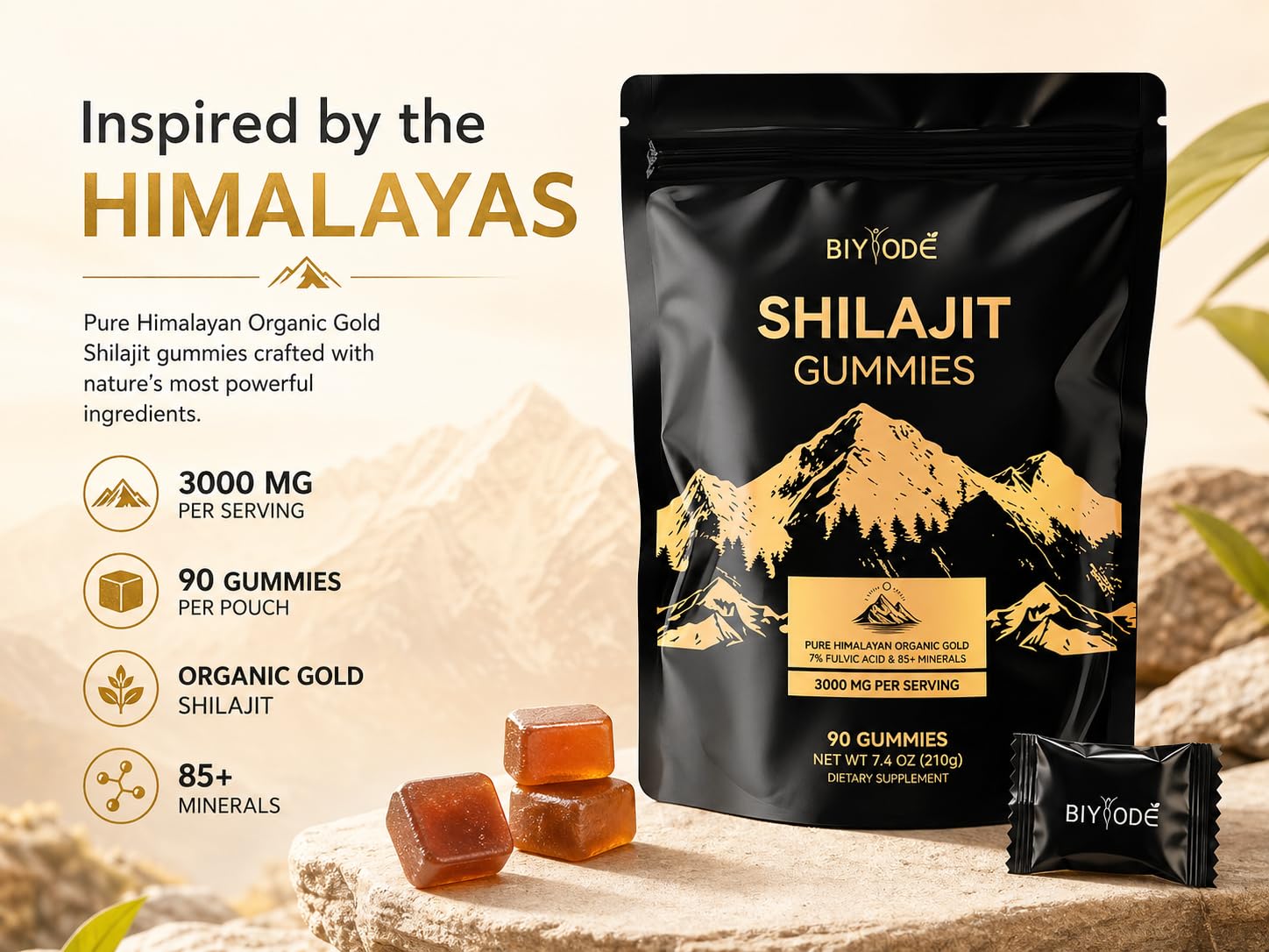 BIYODE Shilajit Gummies showing individual wrappers