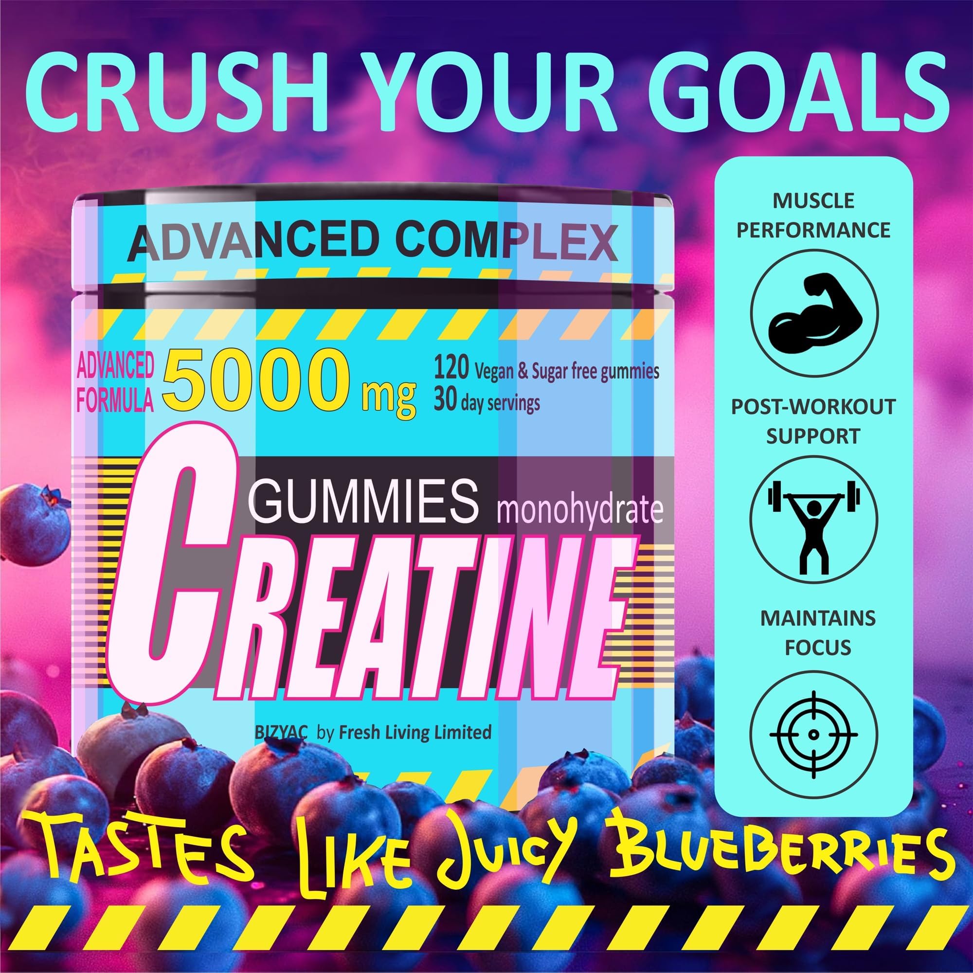 BIZYAC Creatine Monohydrate Gummies with a measuring spoon