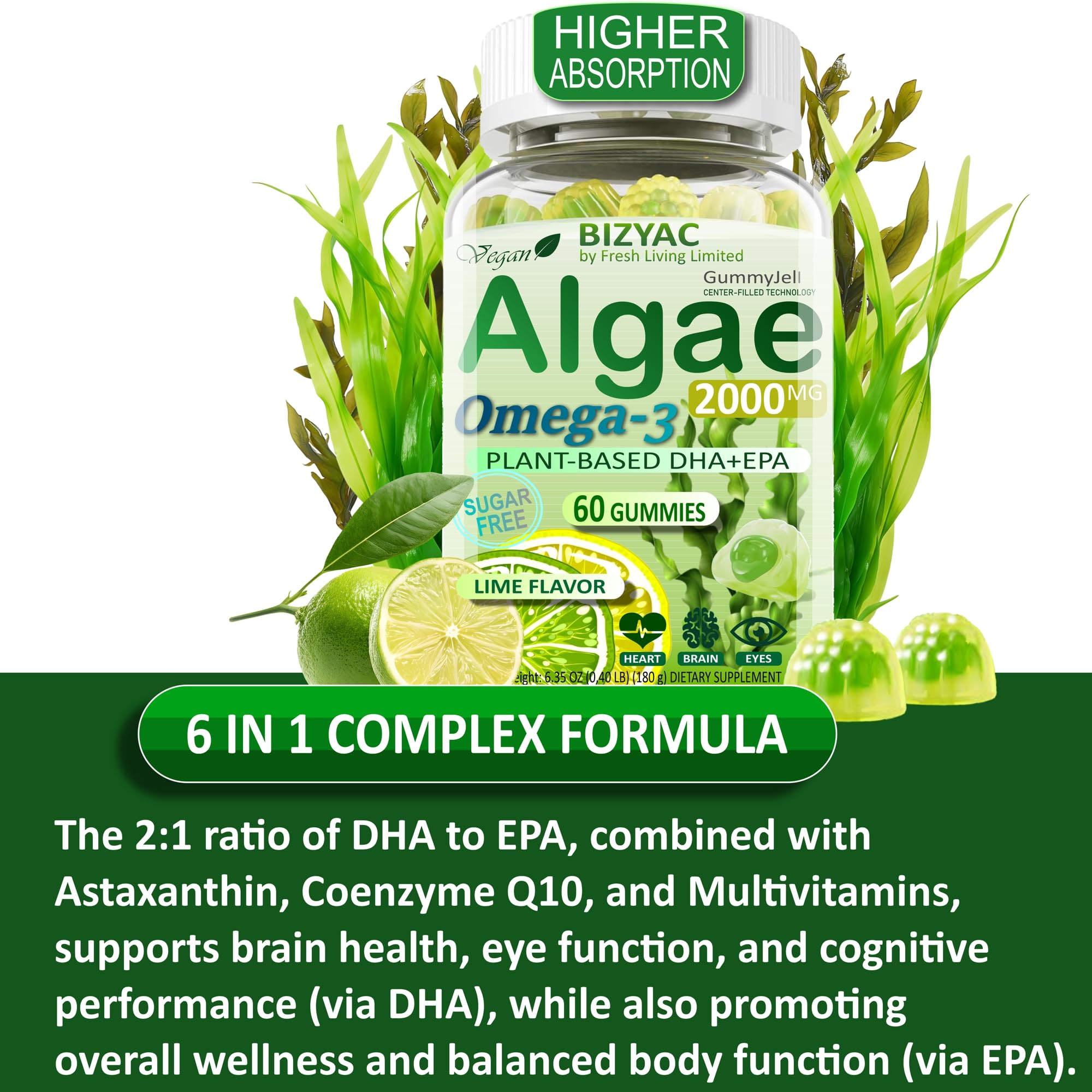 BIZYAC Vegan Omega-3 Algae Oil 1100mg with a glass of water