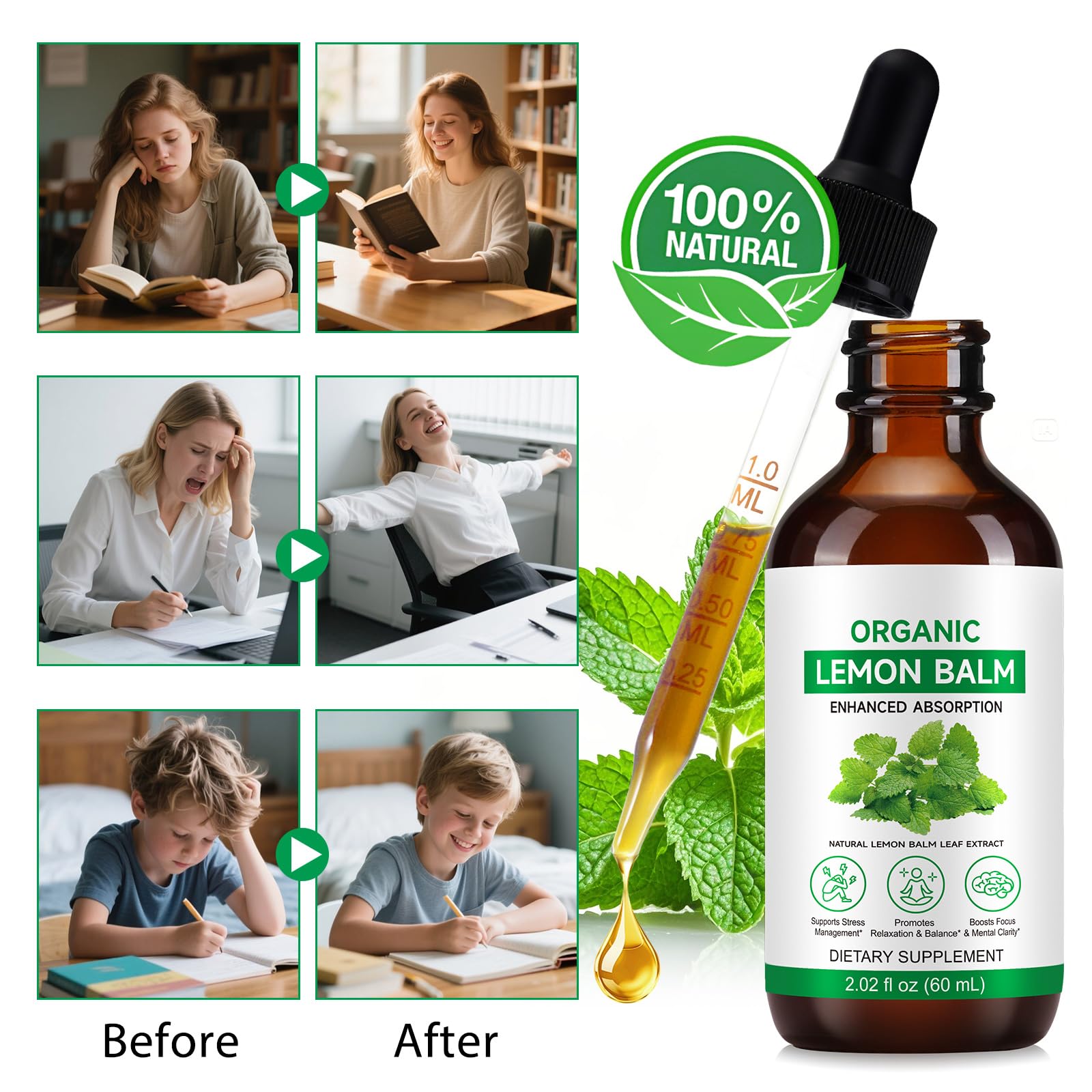 BKKTfBWK Organic Lemon Balm Extract Drops with a glass of water