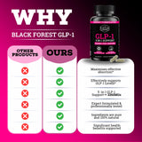 Black Forest 5 in 1 GLP-1 support supplement capsules on a table