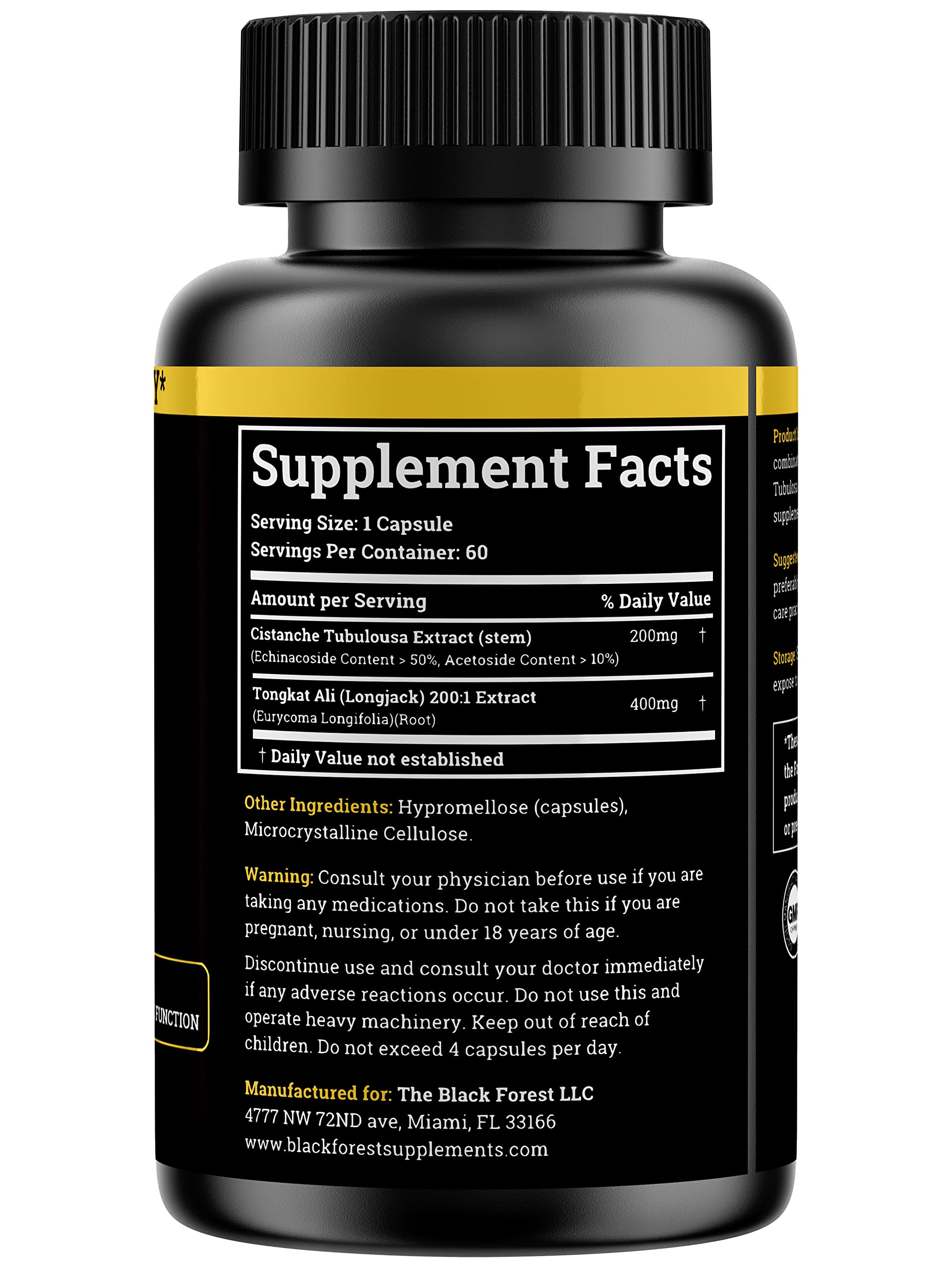 Black Forest Cistanche & Tongkat Ali supplement bottle side view
