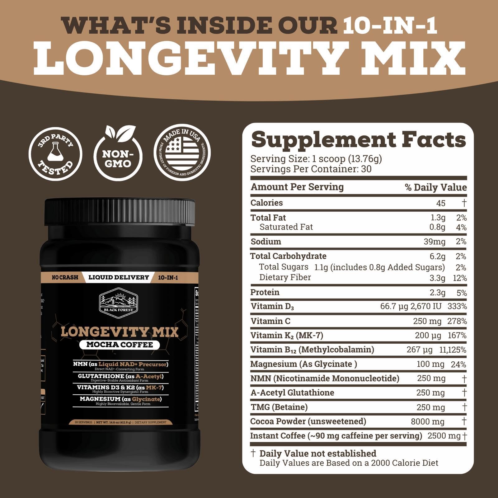 Black Forest Longevity Mix 10-in-1 Supplement in a glass of water
