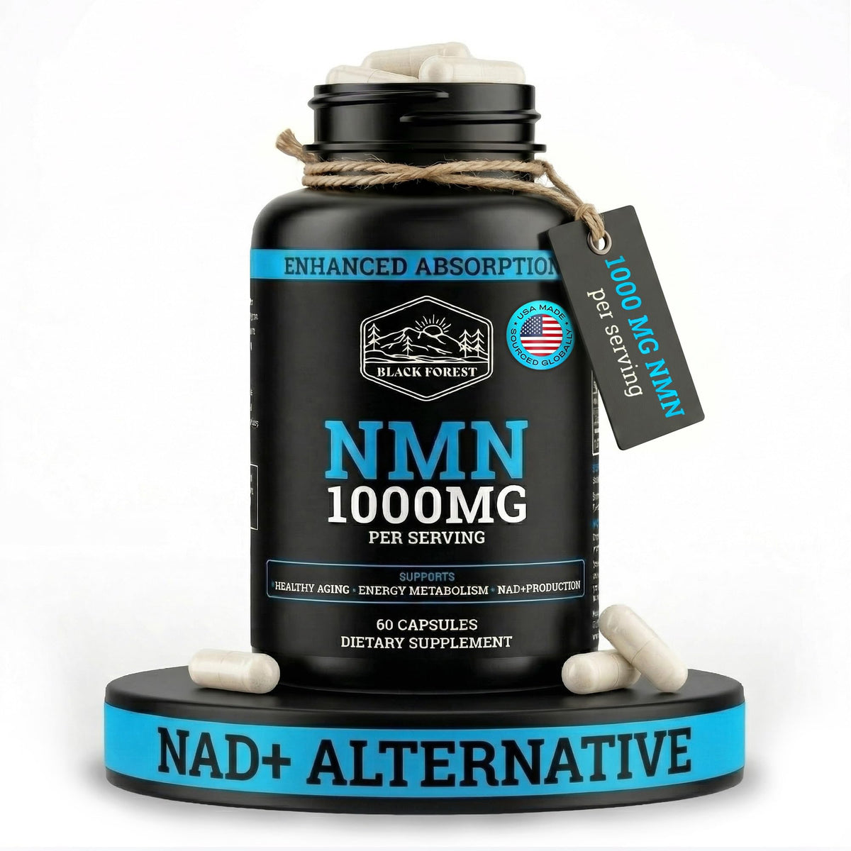 Black Forest NMN Supplement Capsules front view with 30 servings
