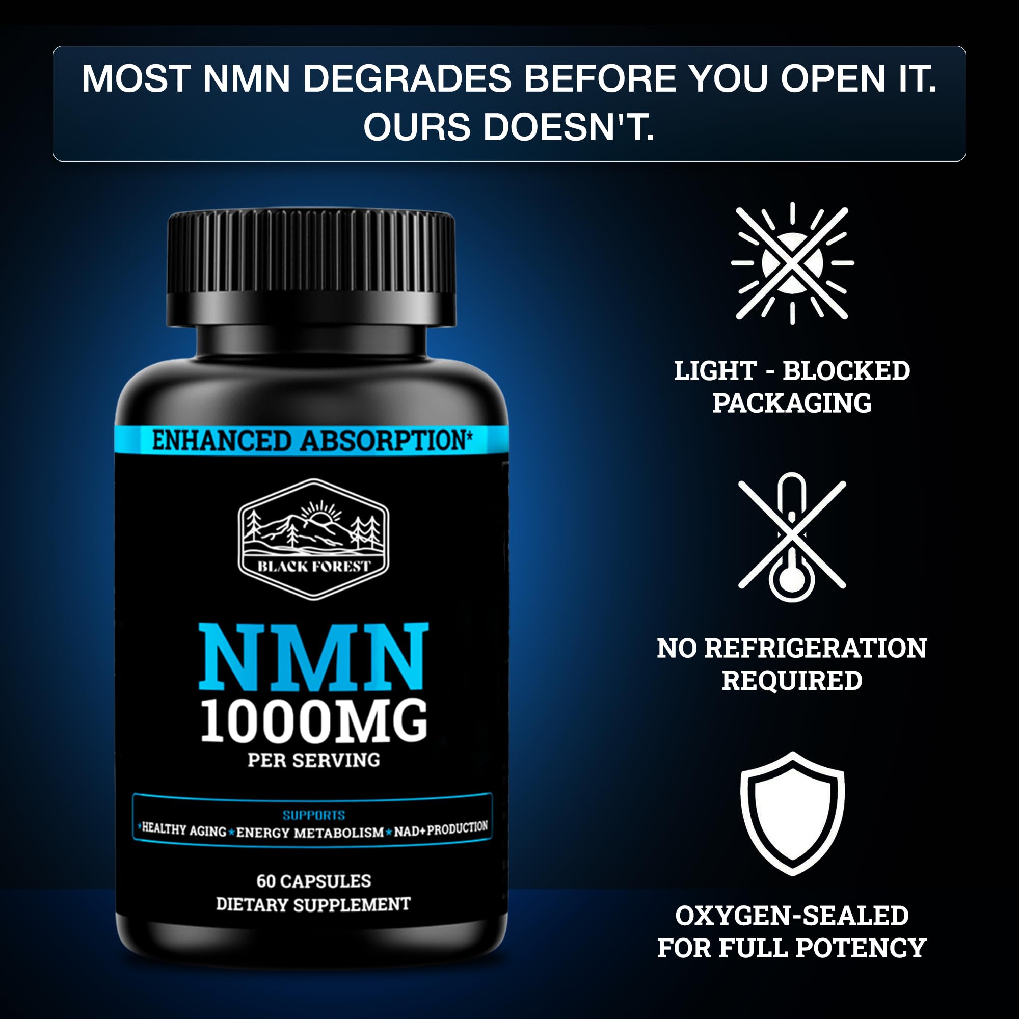 Black Forest NMN Supplement Capsules sealed bottle with cap