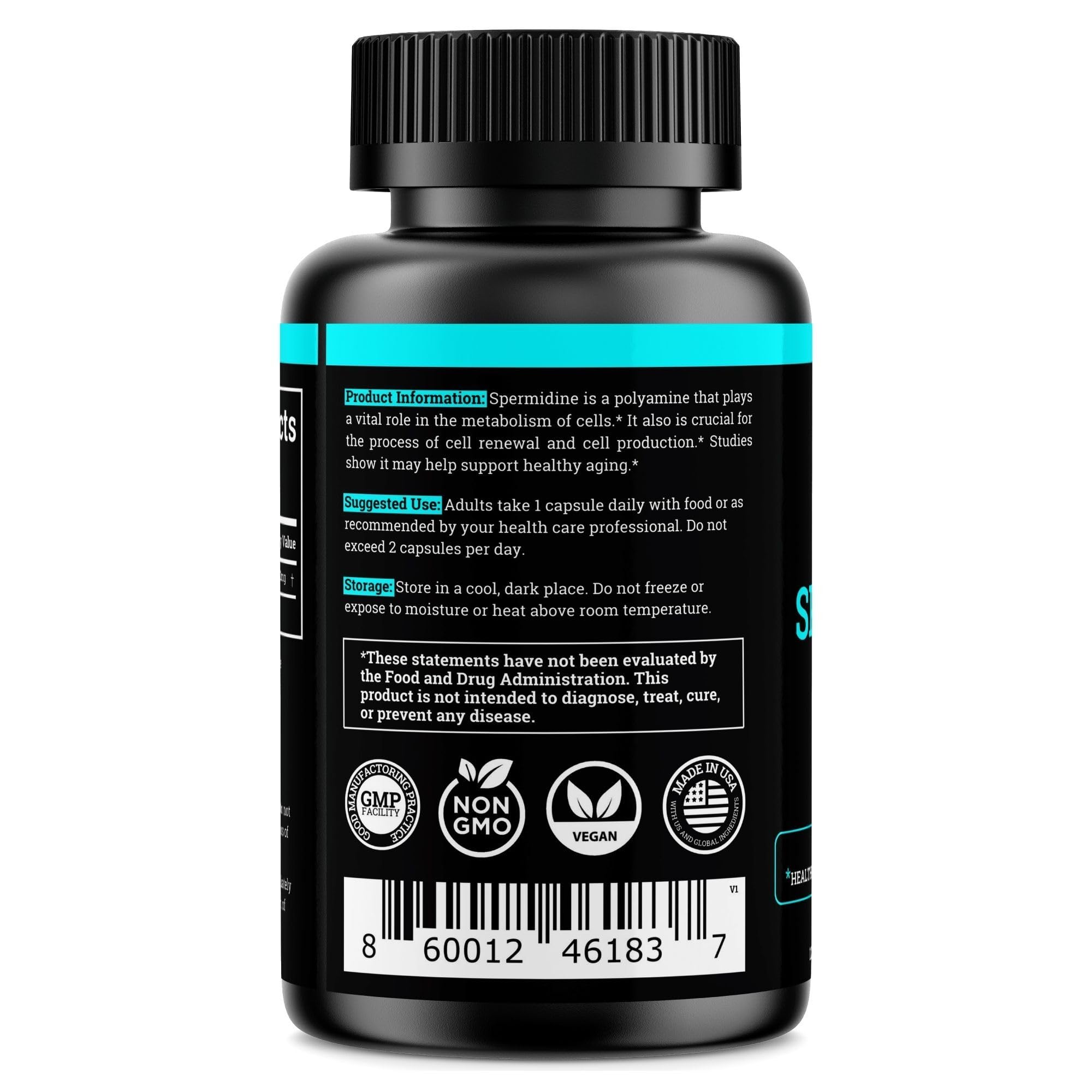 Black Forest Spermidine Supplement bottle back view with ingredient list