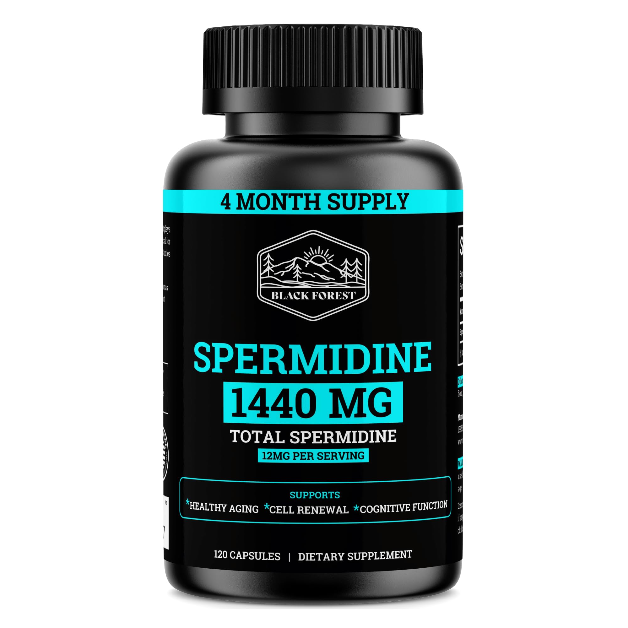 Black Forest Spermidine Supplement bottle front view with 120 capsules