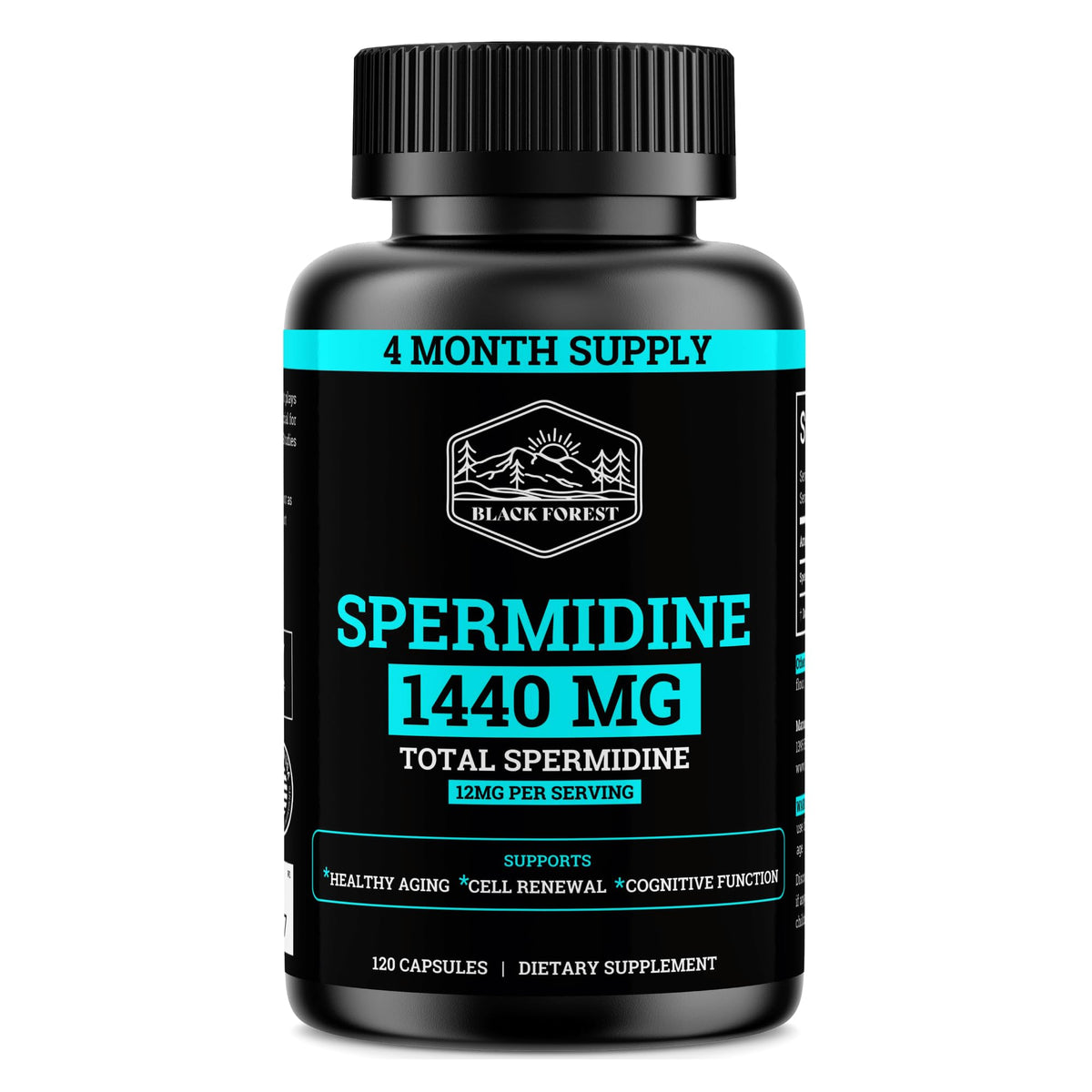 Black Forest Spermidine Supplement bottle front view with 120 capsules