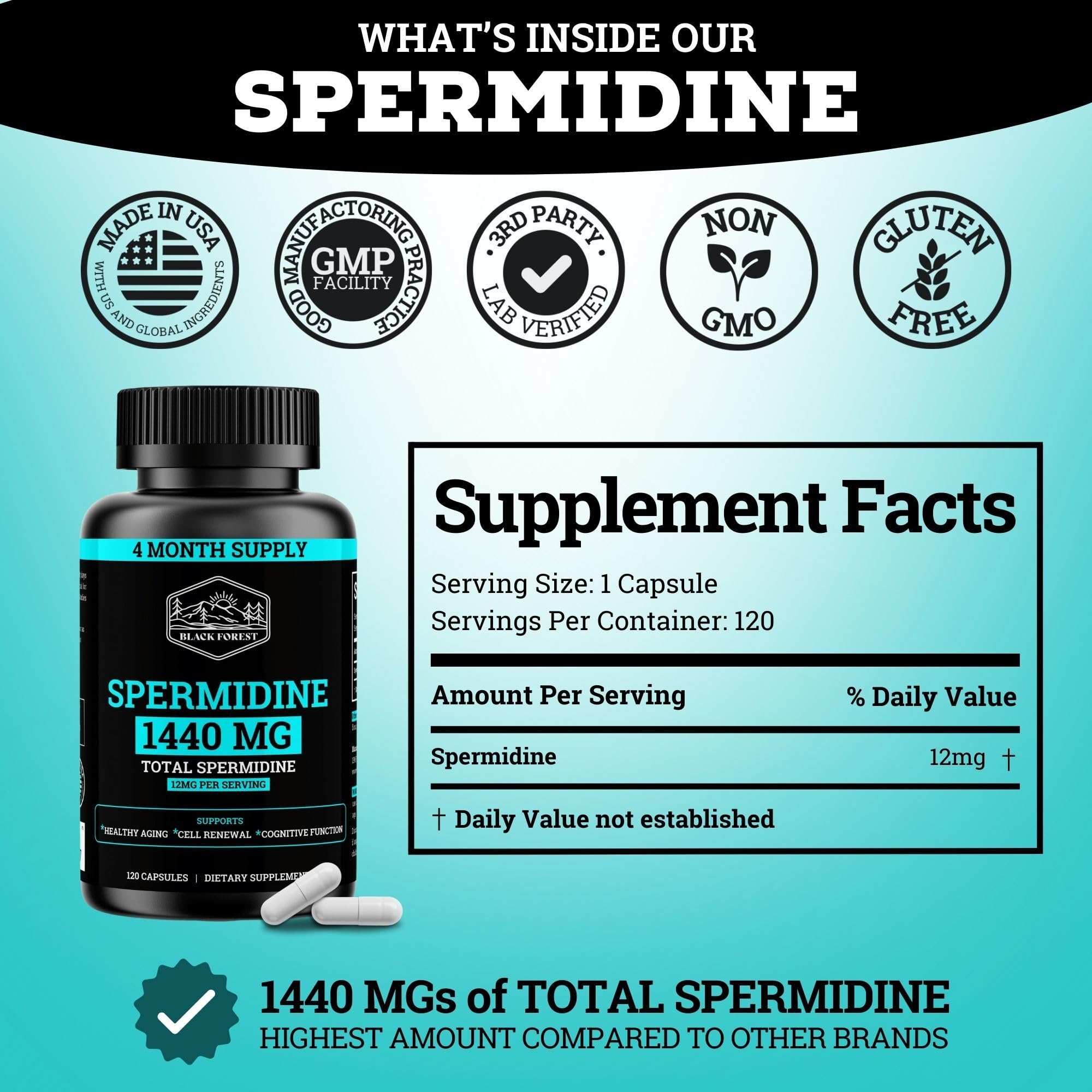 Black Forest Spermidine Supplement on a wooden table with natural background
