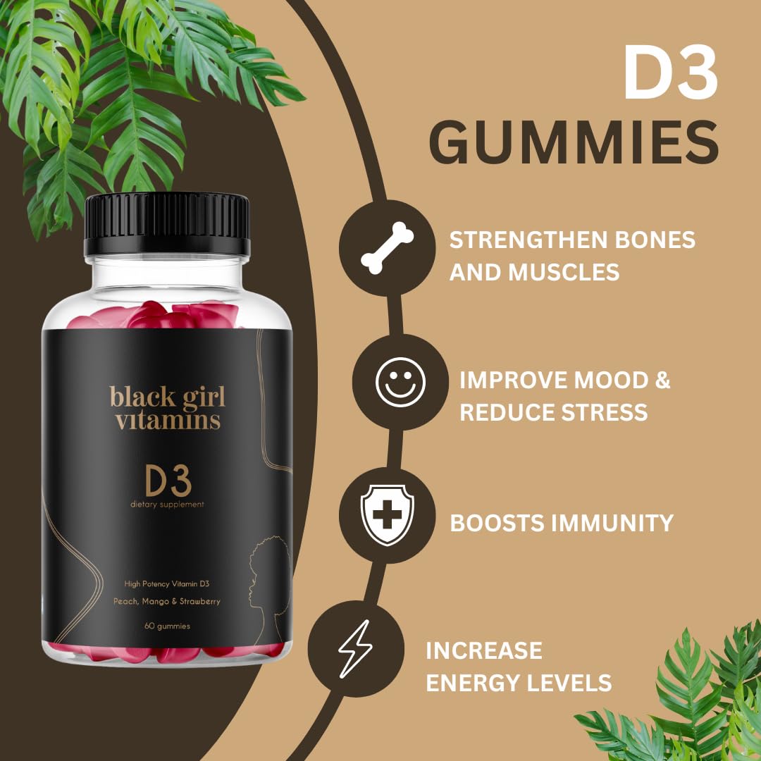 Black Girl Vitamins D3 Gummies showing Peach, Mango, and Strawberry flavours