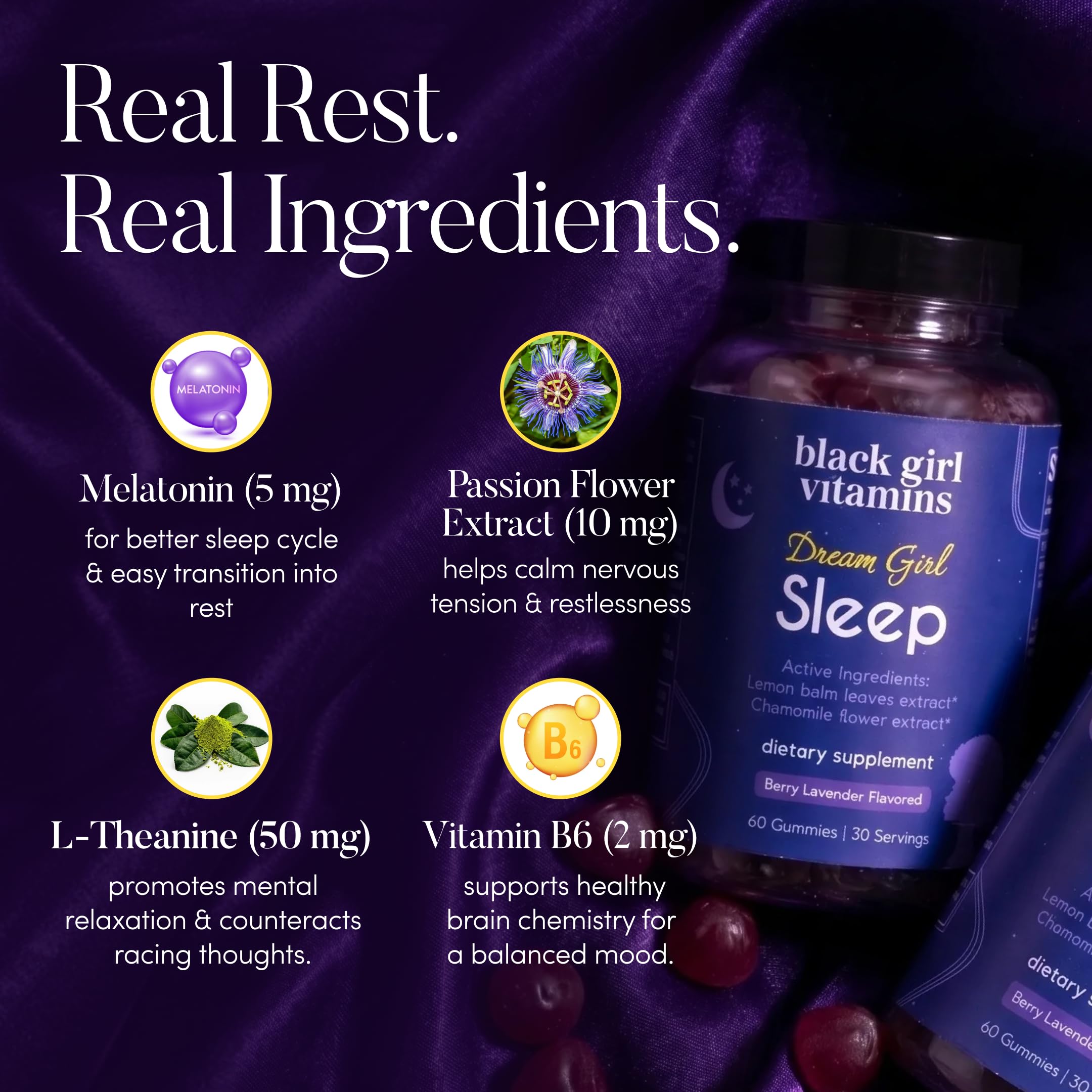 Black Girl Vitamins Dream Girl Sleep Gummies displayed with two gummies