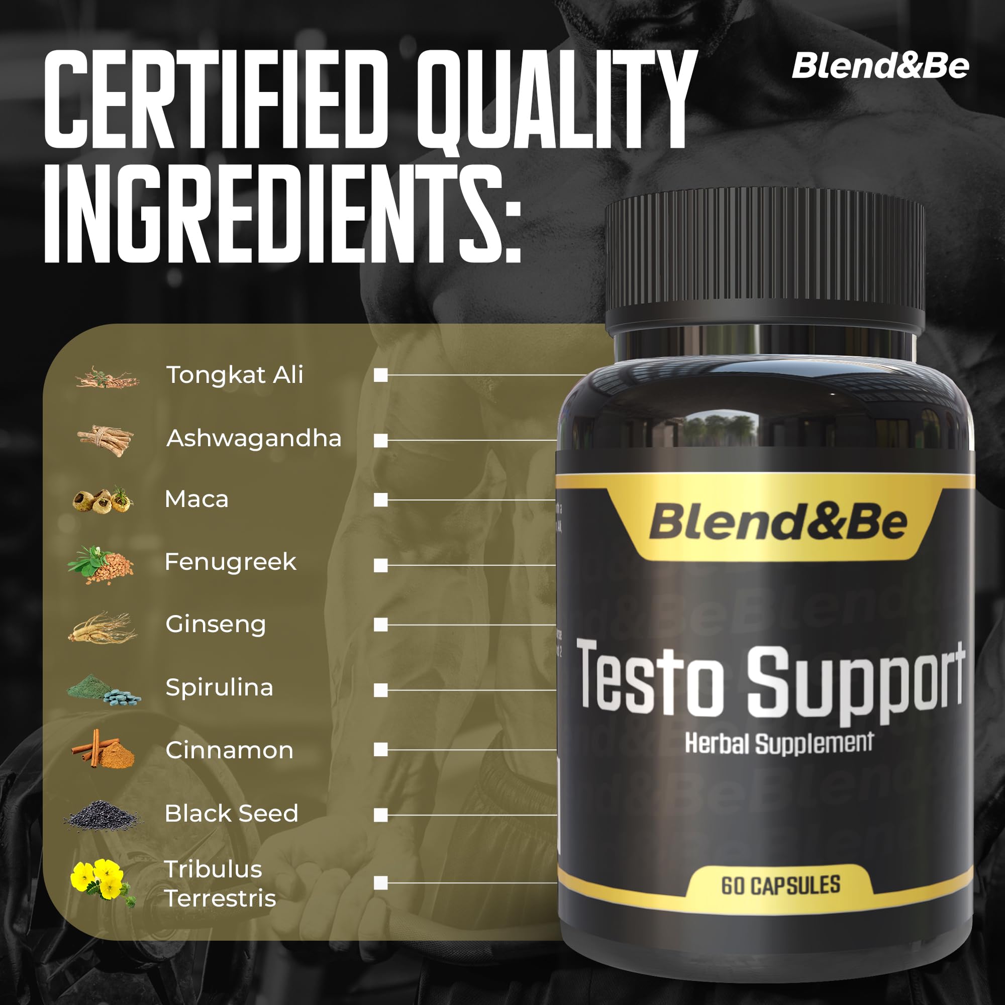 Blend&Be Testo Support 50g side view showing ingredients