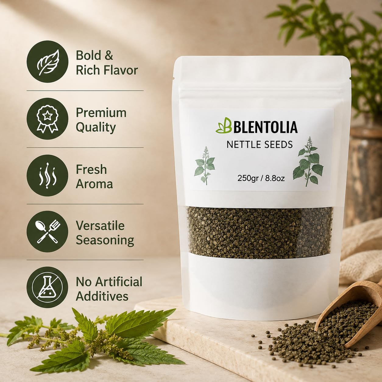 BLENTOLIA Nettle Seeds 259g back view with nutritional information