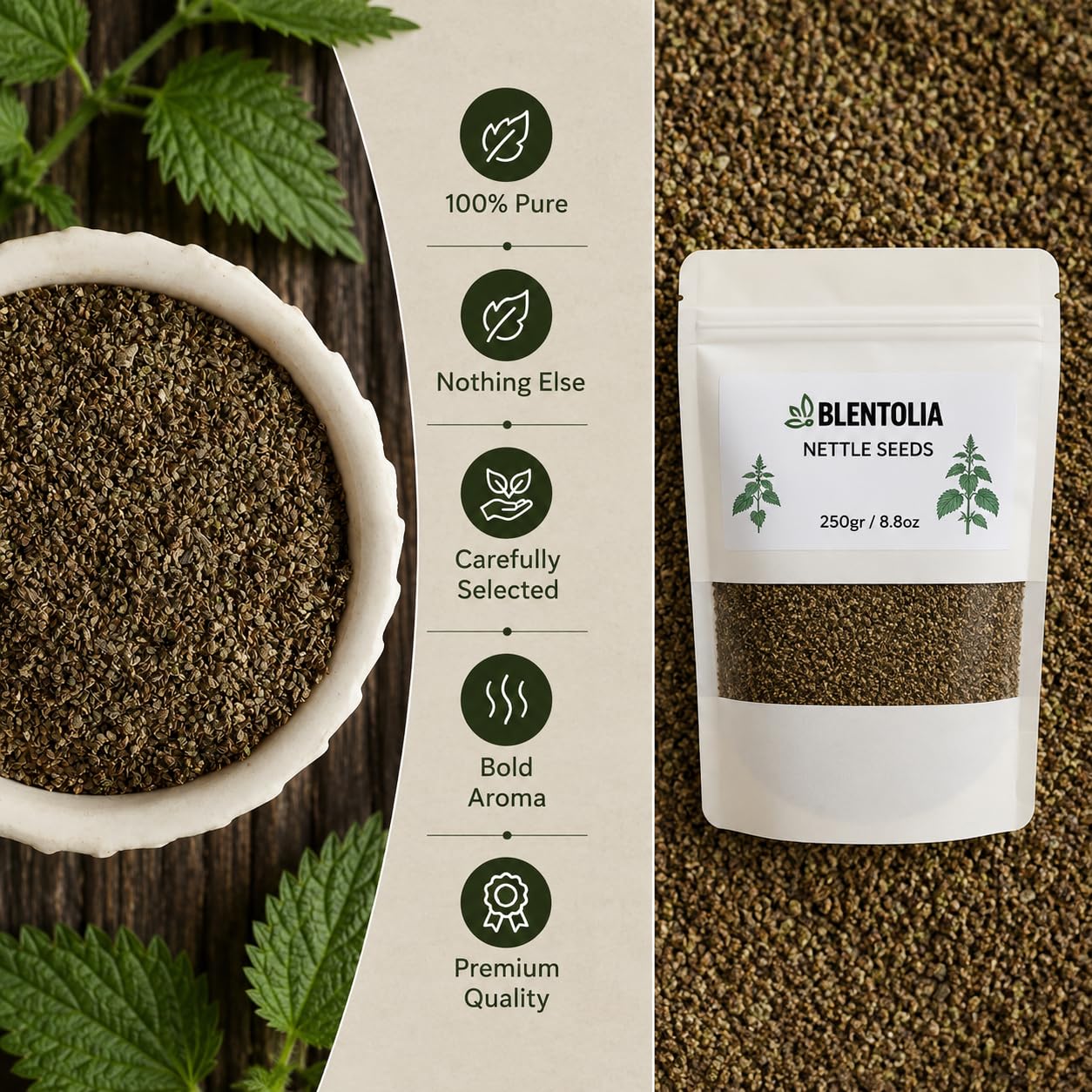 BLENTOLIA Nettle Seeds 259g open pouch showing seeds