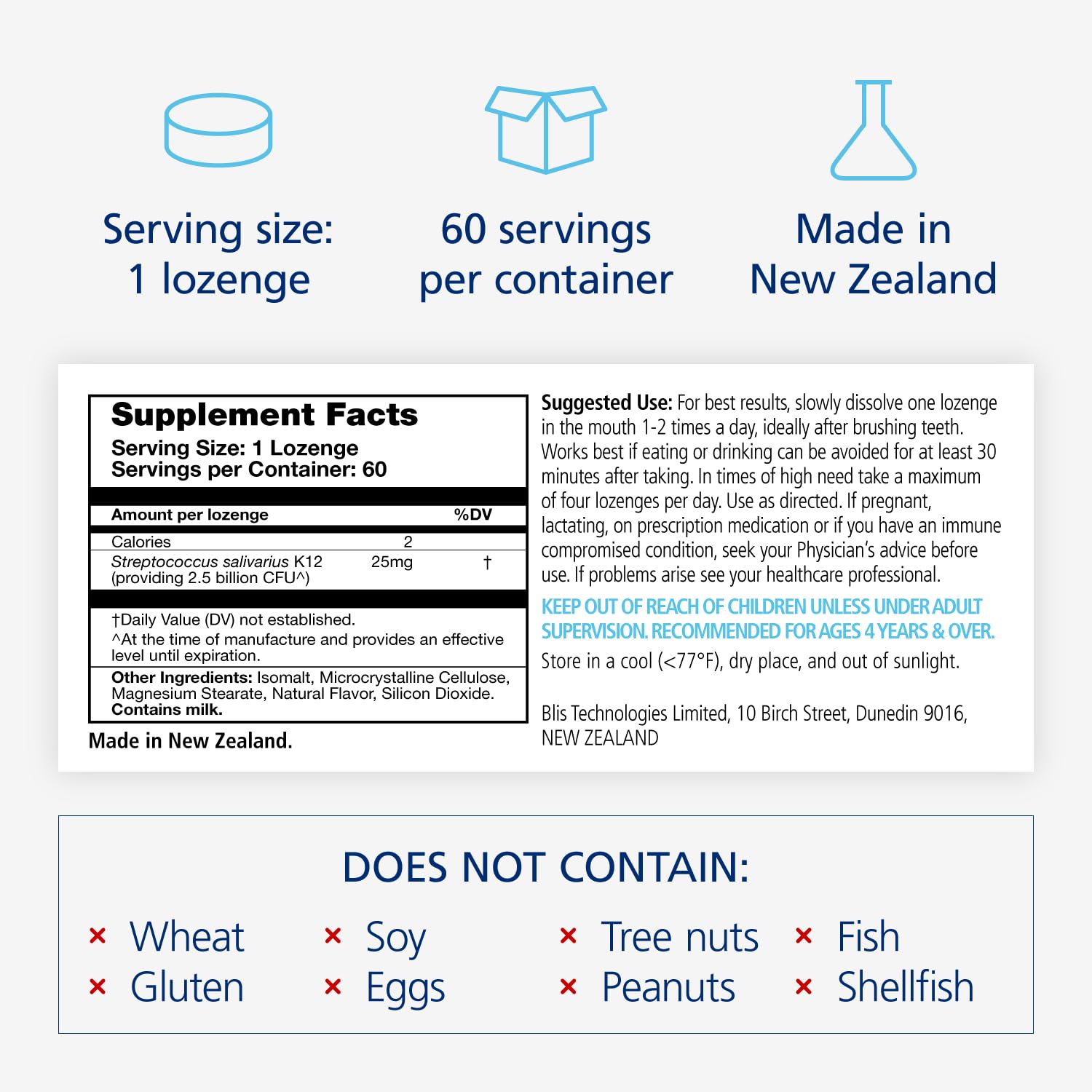 BLIS ThroatHealth Probiotic Lozenges back view with ingredient list