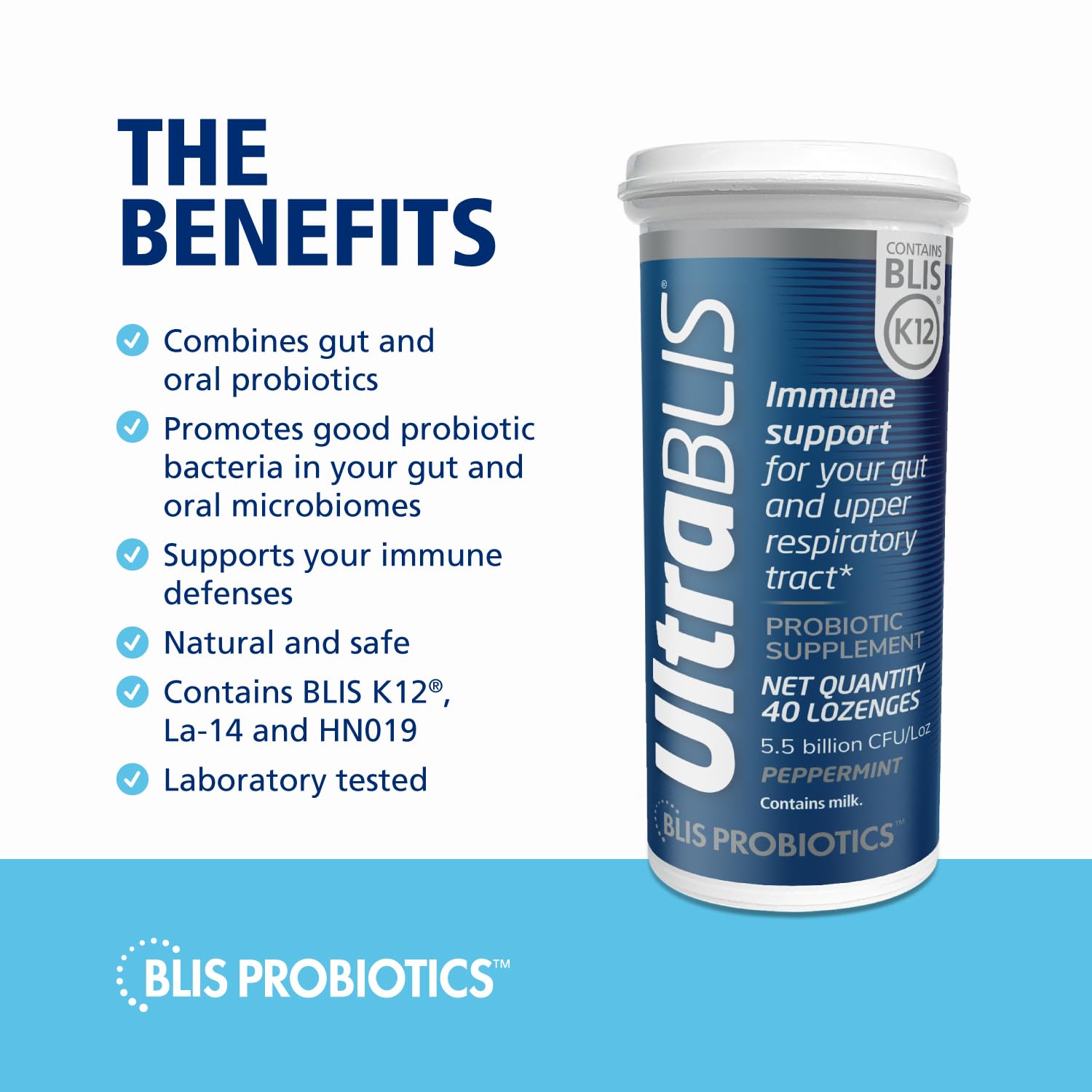 BLIS UltraBLIS Probiotic Lozenges side view showing lozenge count