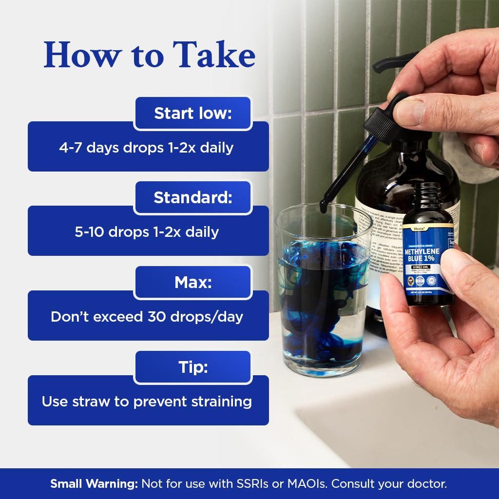 Blissta Methylene Blue Supplement 85g close-up of the UV-protected glass bottle