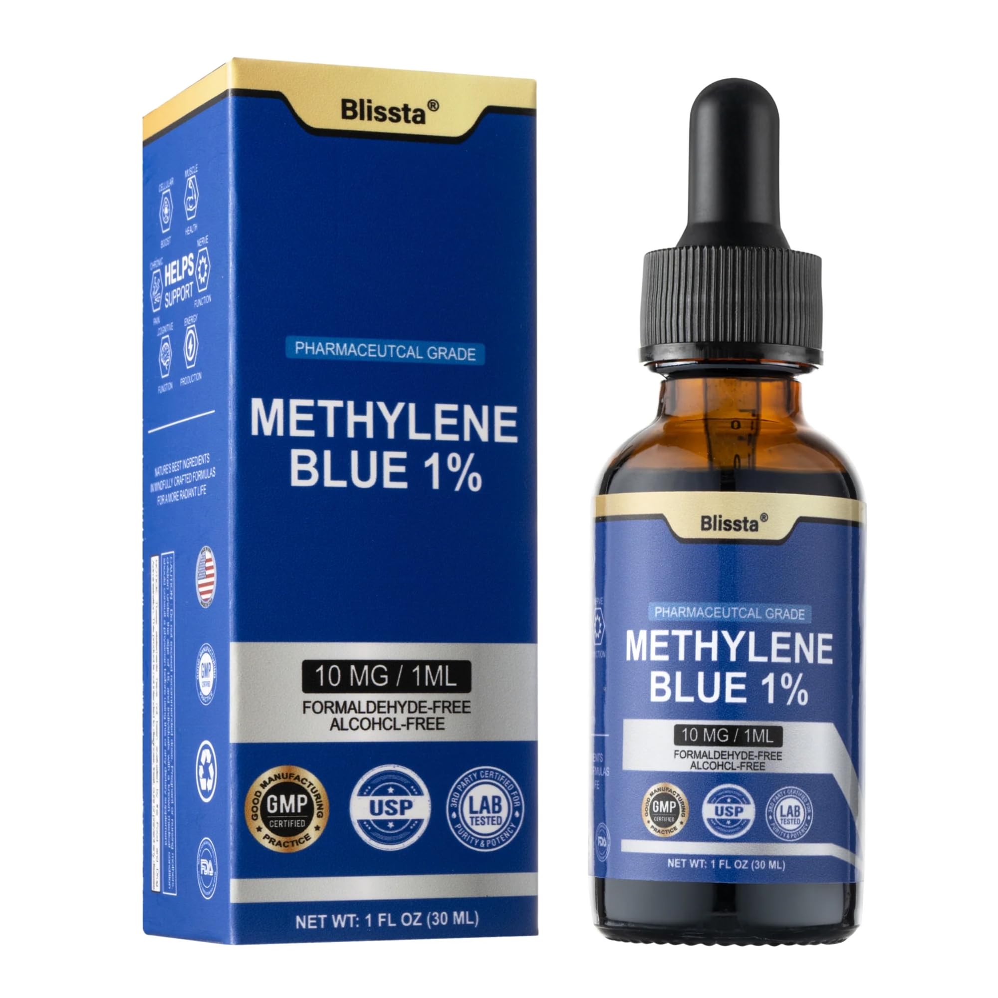 Blissta Methylene Blue Supplement 85g front view in UV-protected glass bottle
