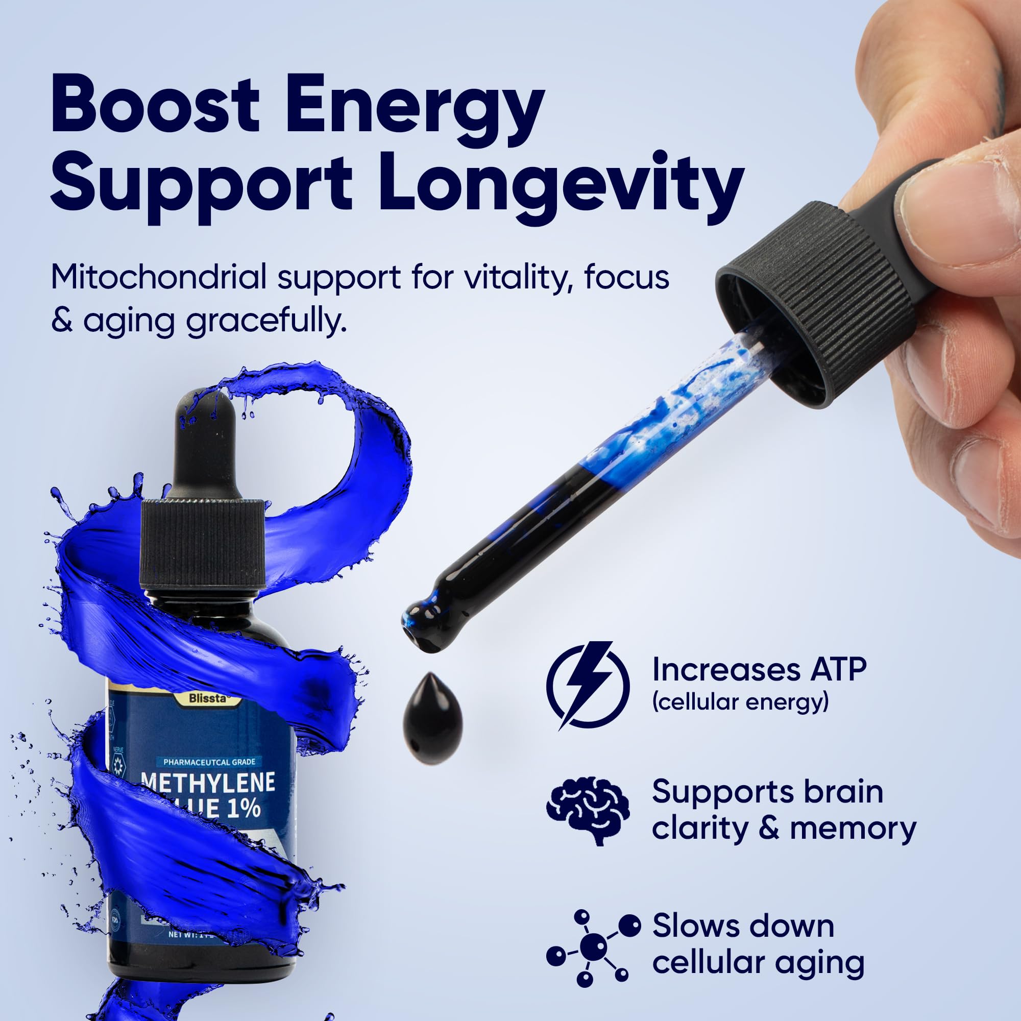 Blissta Methylene Blue Supplement 85g lifestyle shot on a wooden table