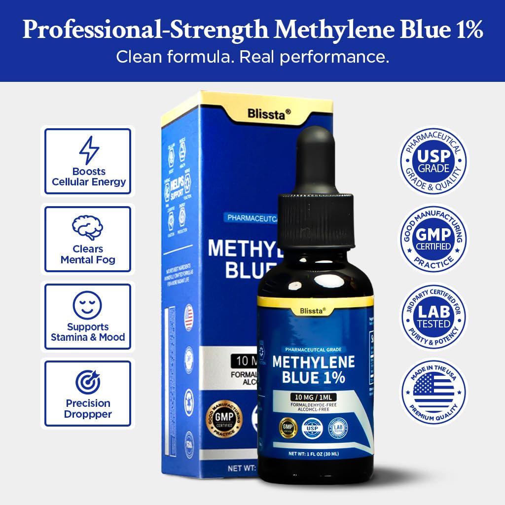 Blissta Methylene Blue Supplement 85g side view showing label details