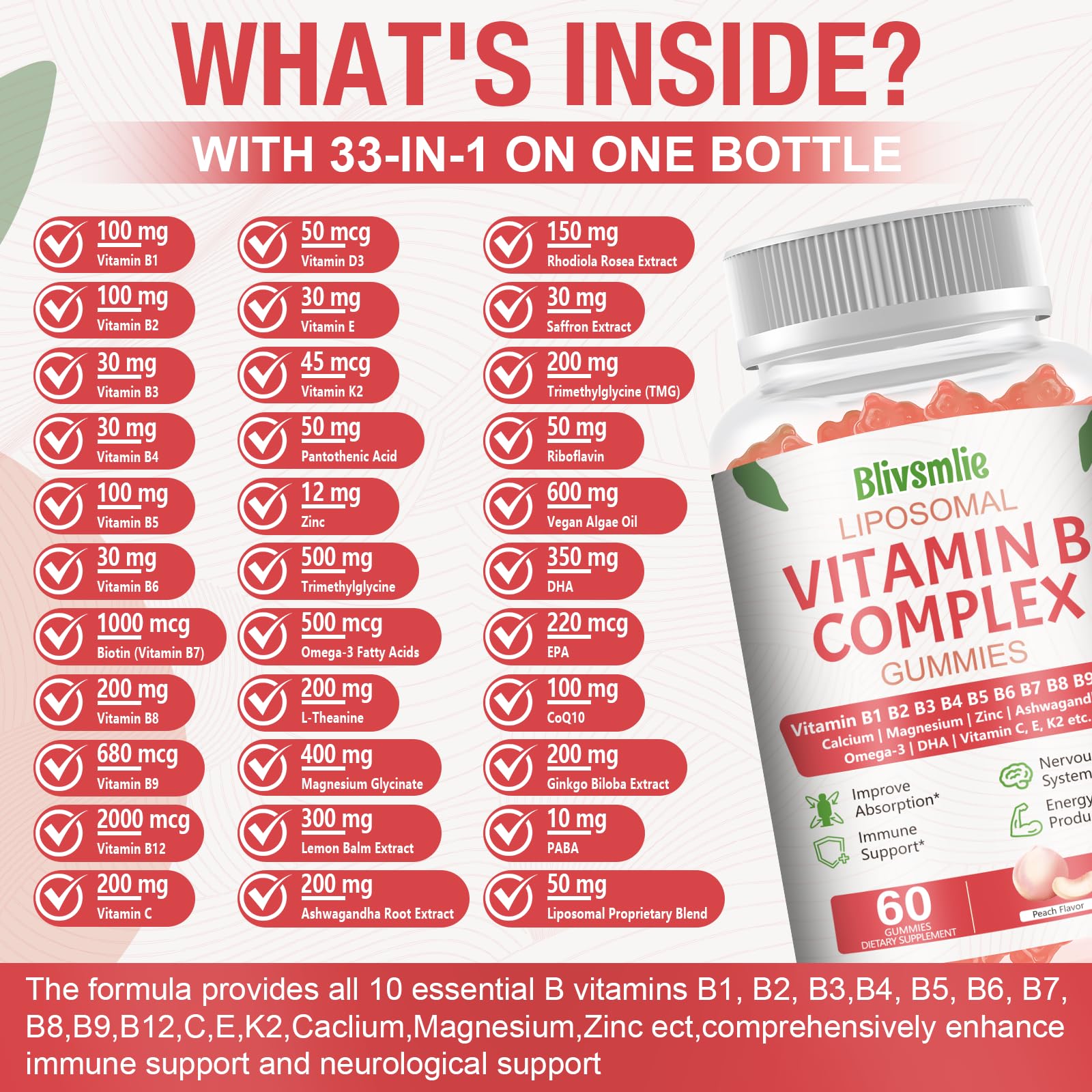 Blivsmlie Vitamin B Complex Gummies nutritional information on back