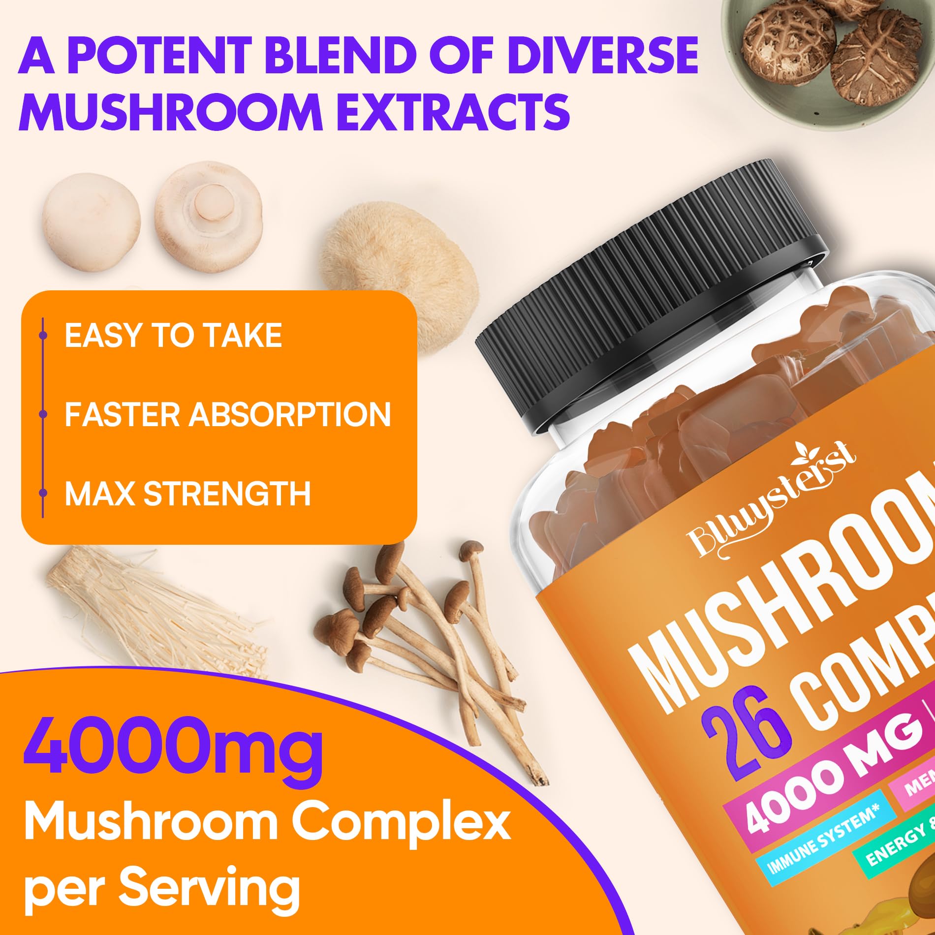 blluysterst Mushroom Gummies 26 Powerful Blend serving suggestion
