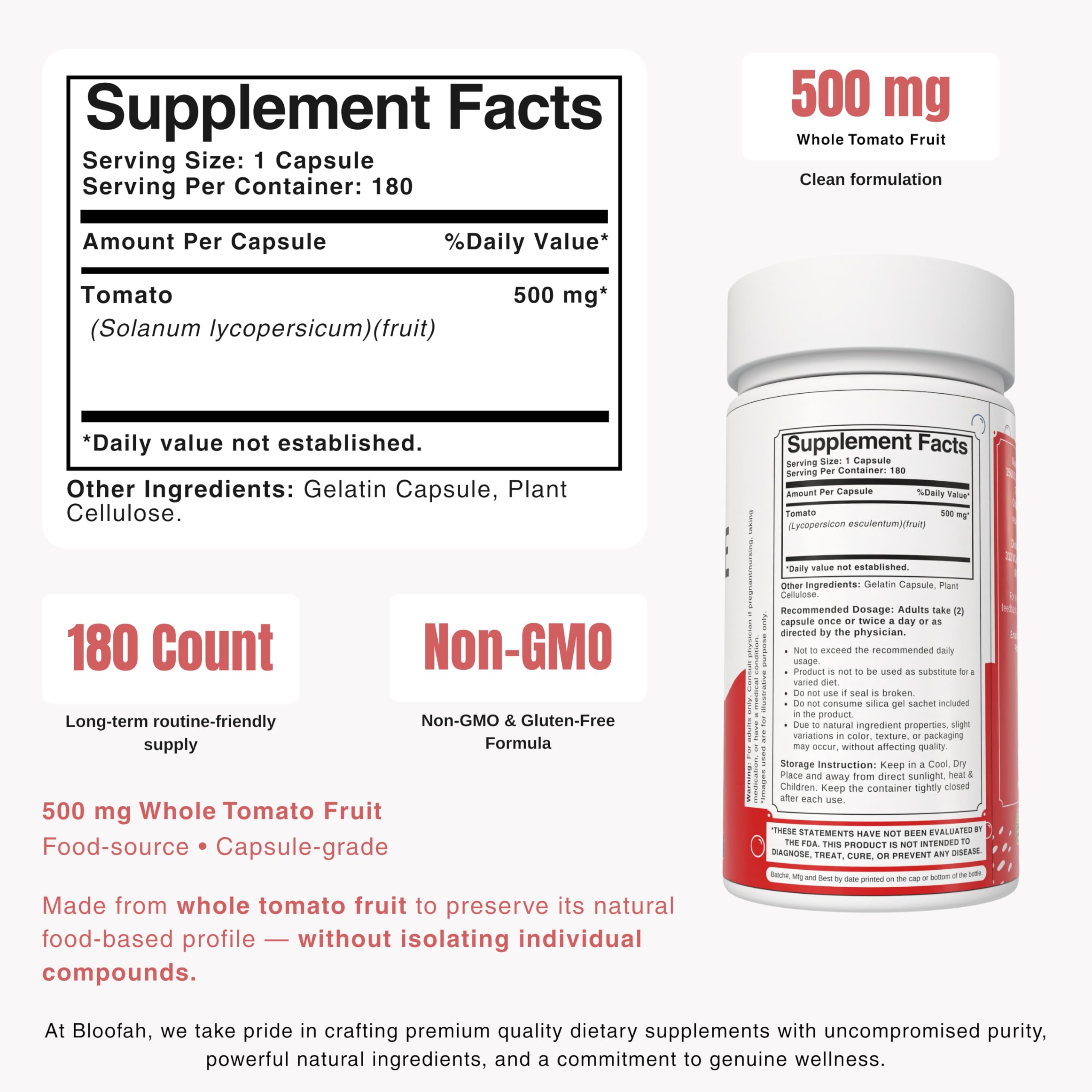 Bloofah Lycopene Supplement 500mg 180 Capsules bottle side view
