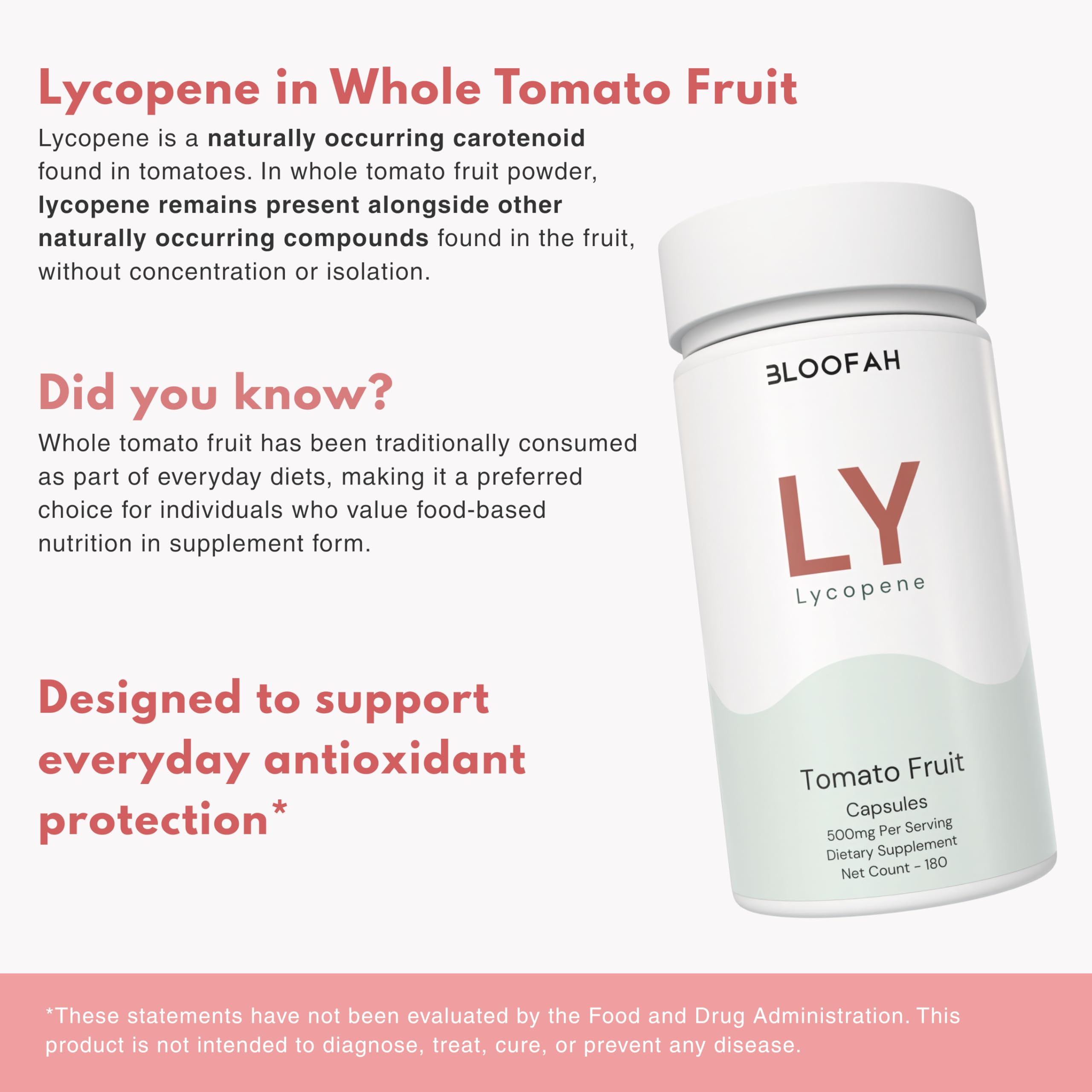 Bloofah Lycopene Supplement 500mg capsules on a wooden table