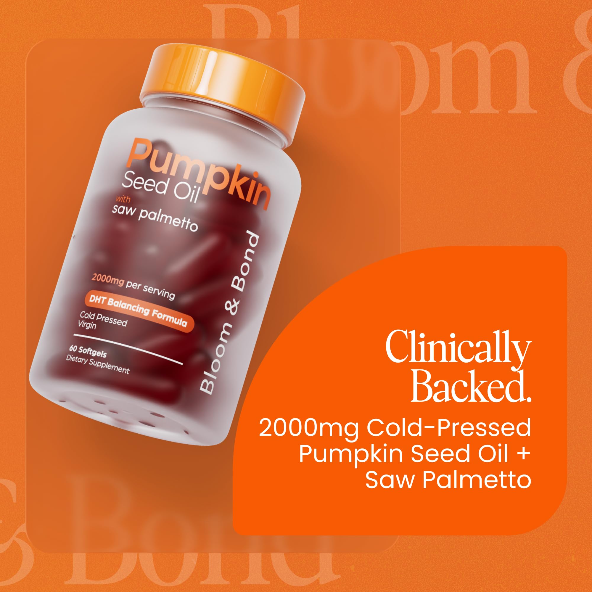 Bloom & Bond Pumpkin Seed Oil Softgels showing easy-to-swallow design