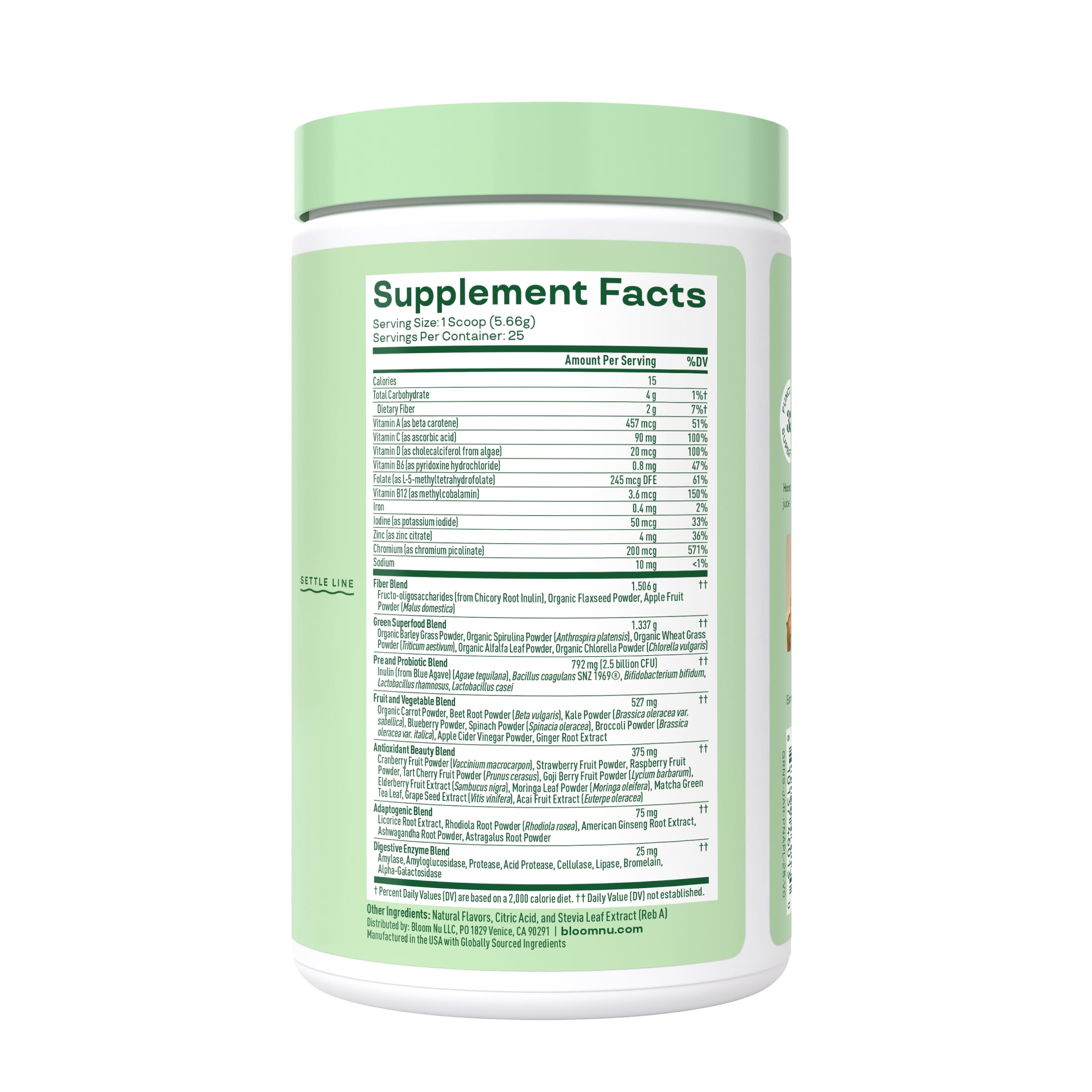 Bloom Nutrition Greens & Superfoods Powder ingredients list on the back of the package