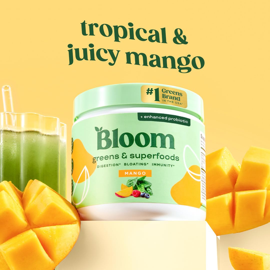 Bloom Nutrition Greens & Superfoods Powder scoop with mango flavour