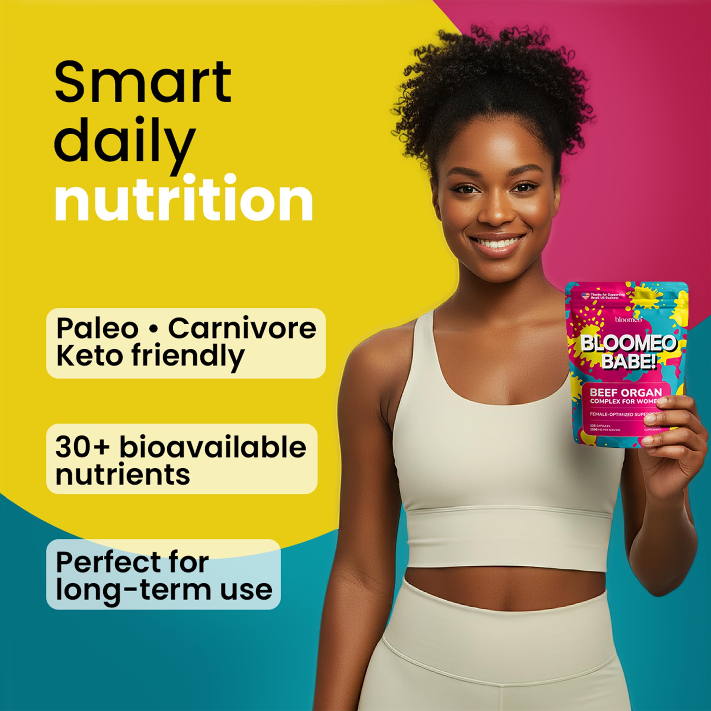 Bloomeo Women's Balance Beef Organ Supplement capsules close-up