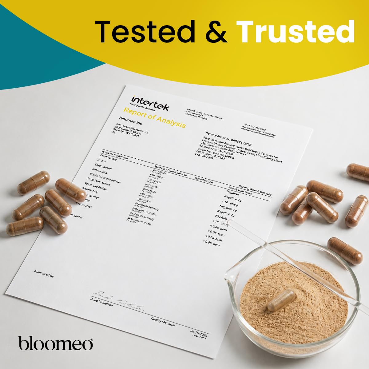 Bloomeo Women's Balance Beef Organ Supplement capsules on a table