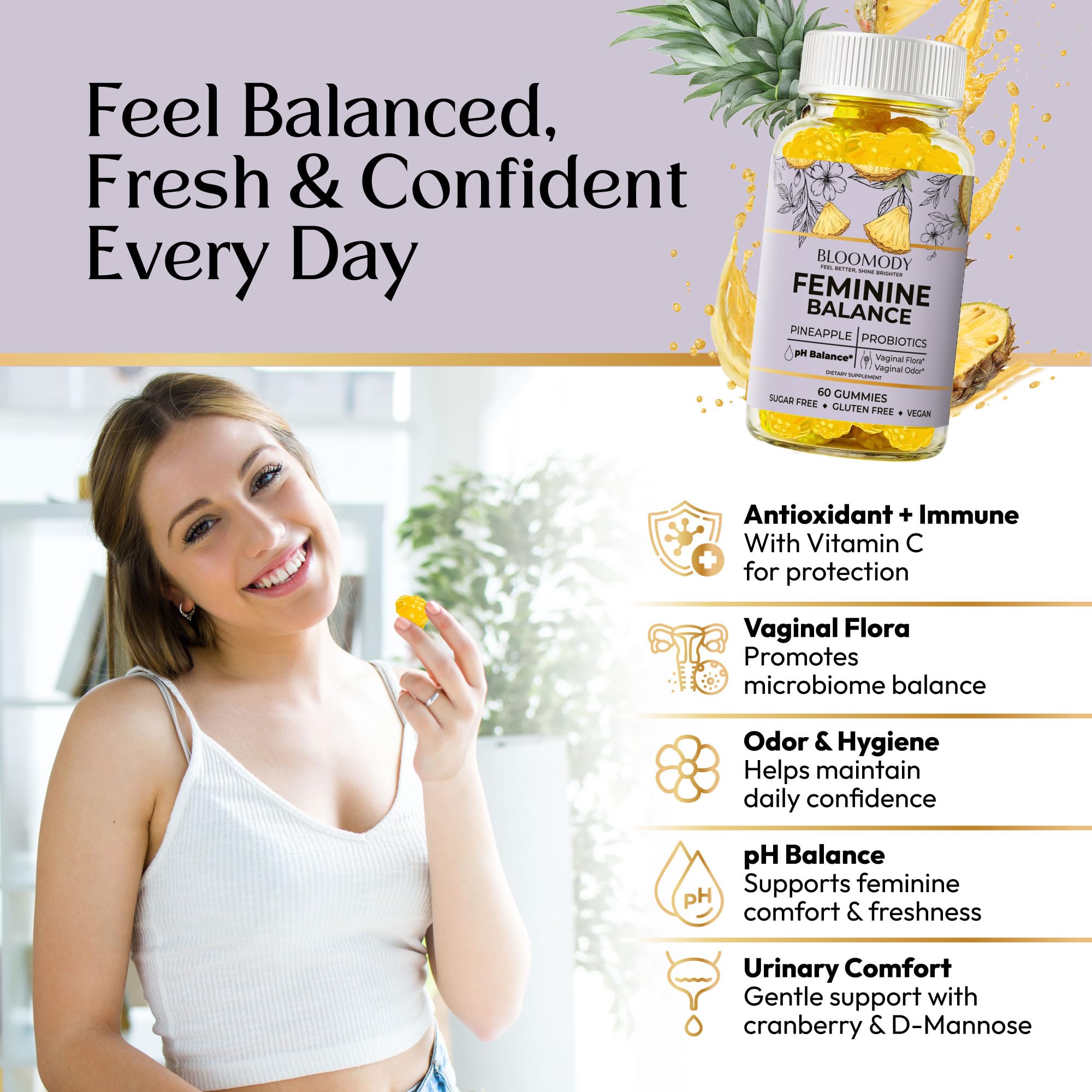 Bloomody Feminine Balance Gummies pineapple flavour gummy close-up