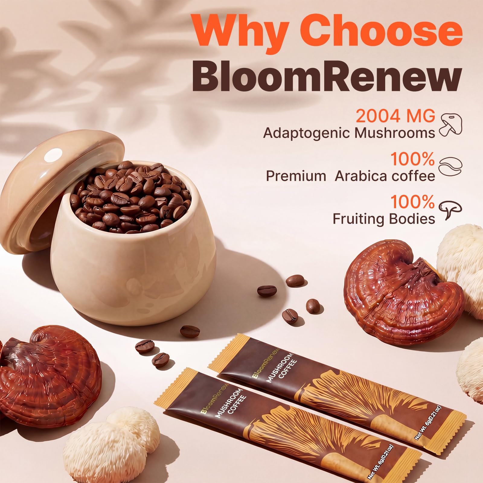 BloomRenew Mushroom Coffee stick pack with coffee accessories