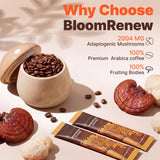 BloomRenew Mushroom Coffee stick pack with coffee accessories