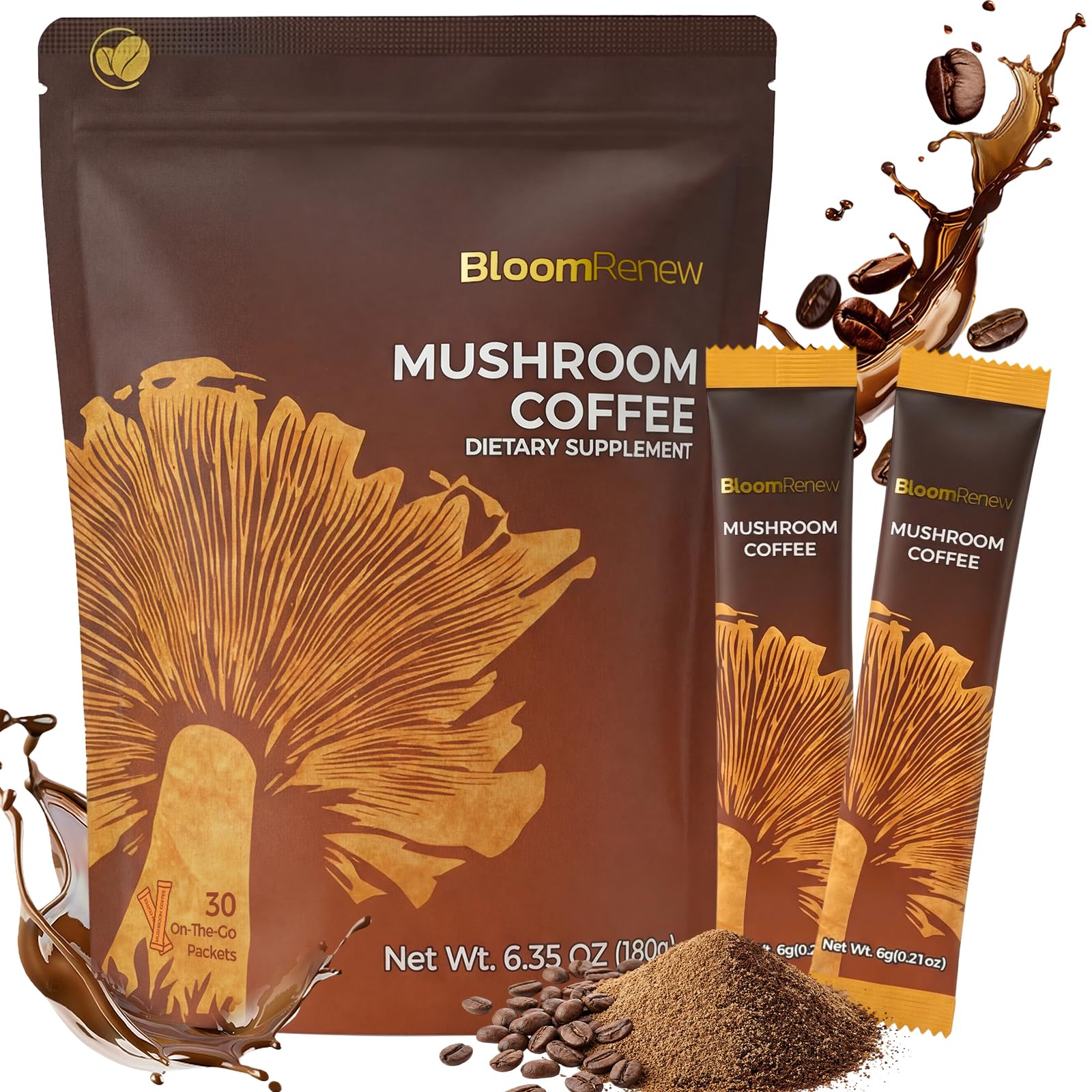BloomRenew Mushroom Coffee stick packs front view