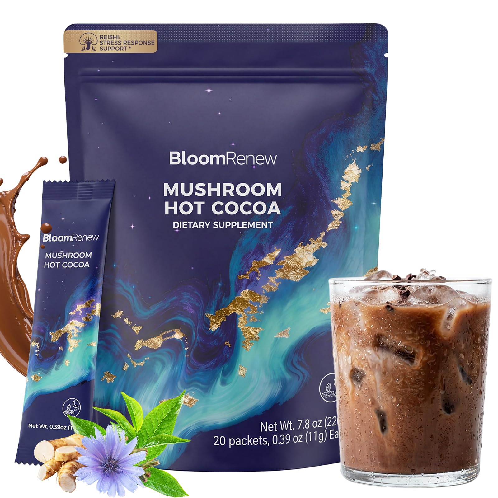 BloomRenew Mushroom Hot Cocoa box front view with 20 packets