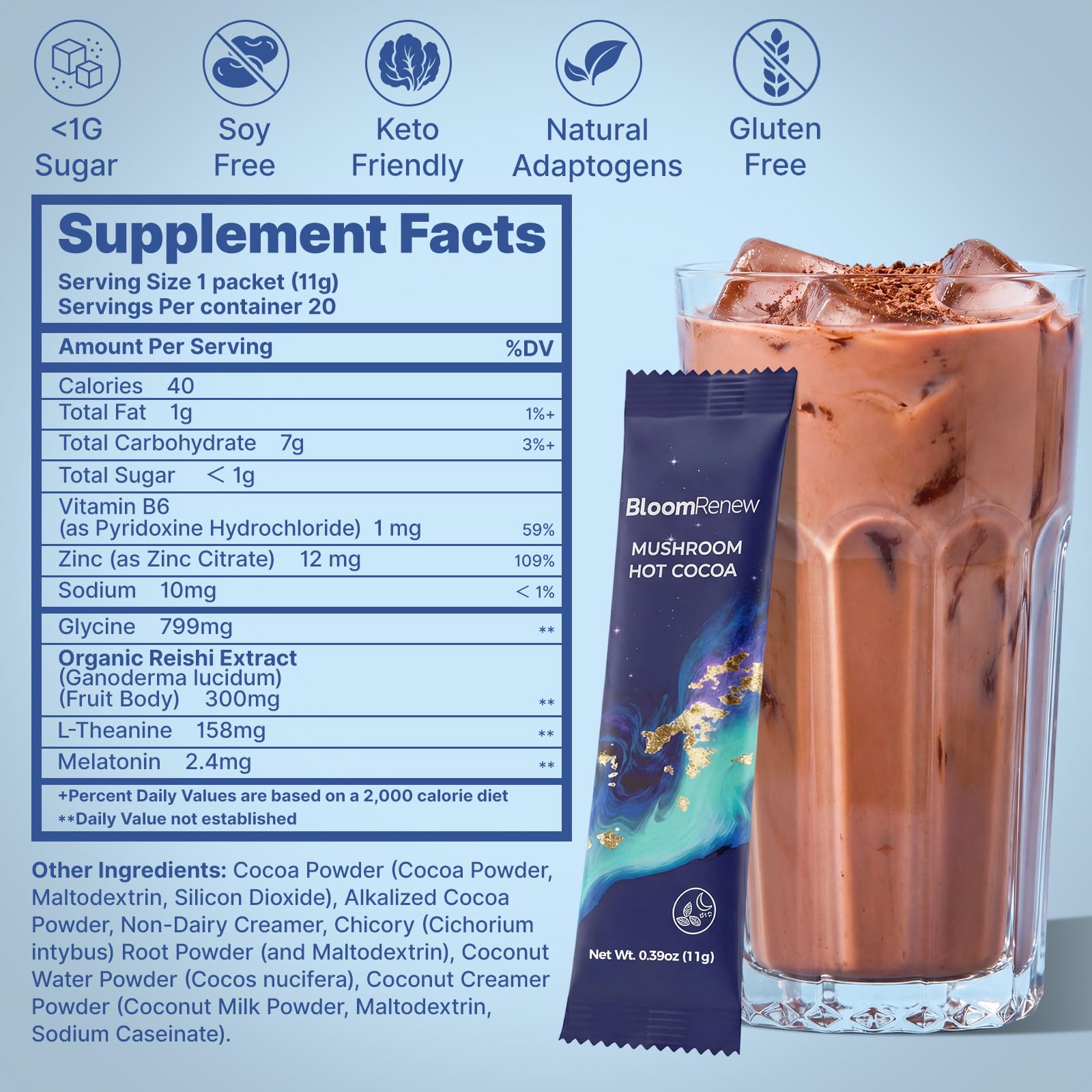 BloomRenew Mushroom Hot Cocoa with milk and ice in a glass