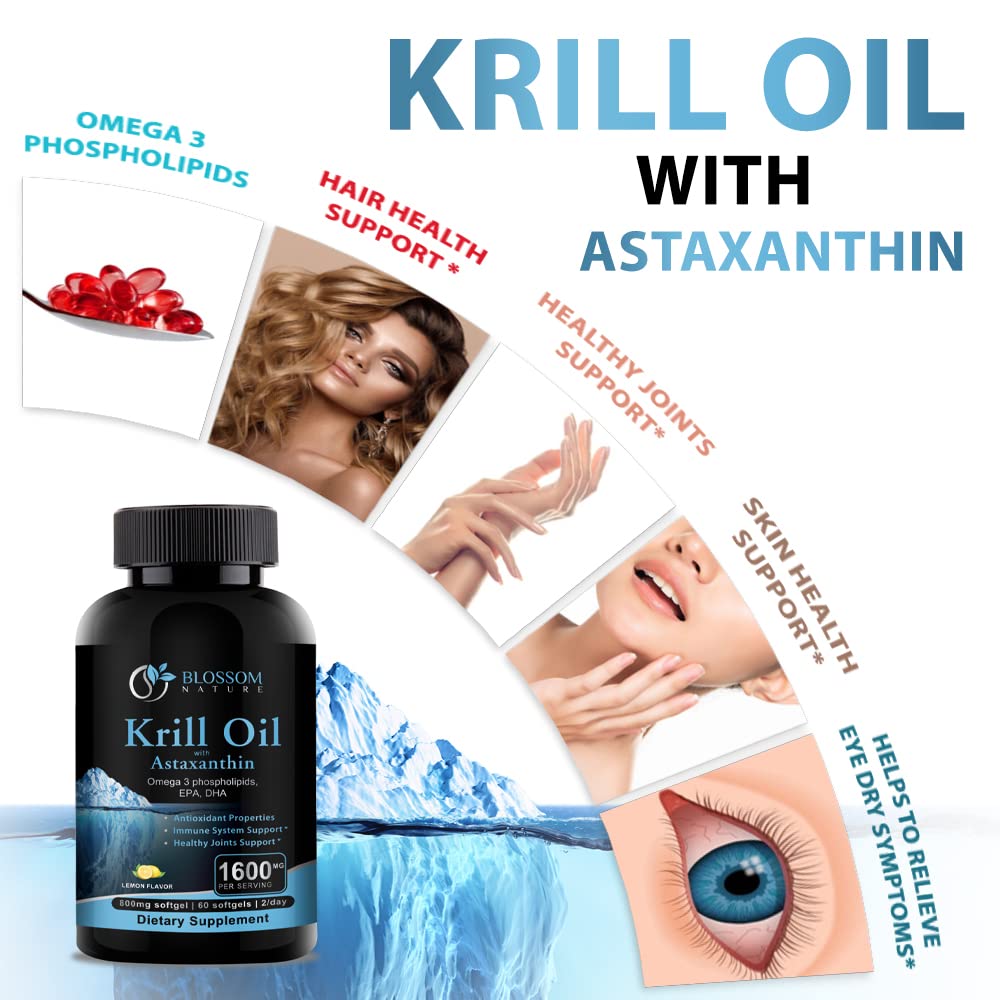 Blossom Nature Antarctic Krill Oil Softgels with nutritional information on label