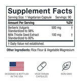 Blue Organix Milk Thistle Berberine 500mg capsules on a wooden table