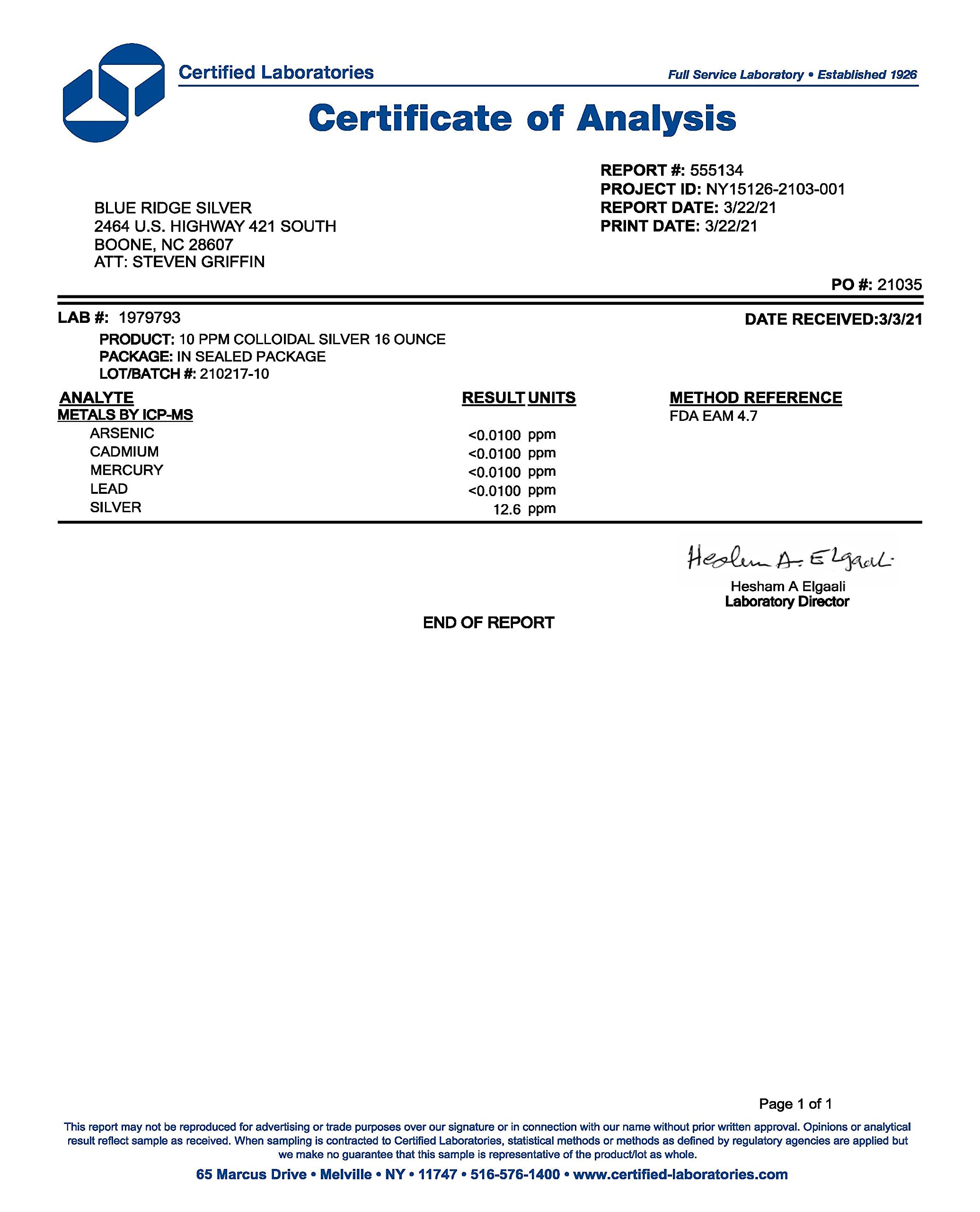 Blue Ridge Silver Colloidal Silver 10 ppm product label