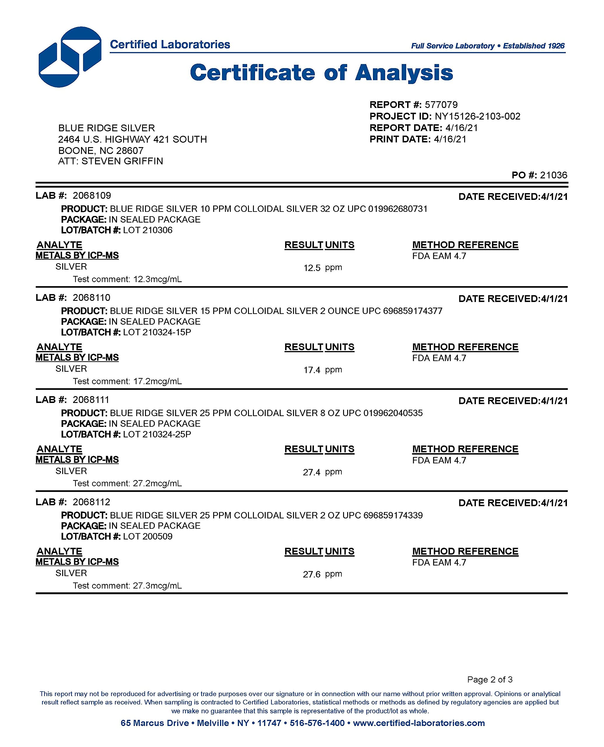 Blue Ridge Silver Colloidal Silver 1061g packaging details