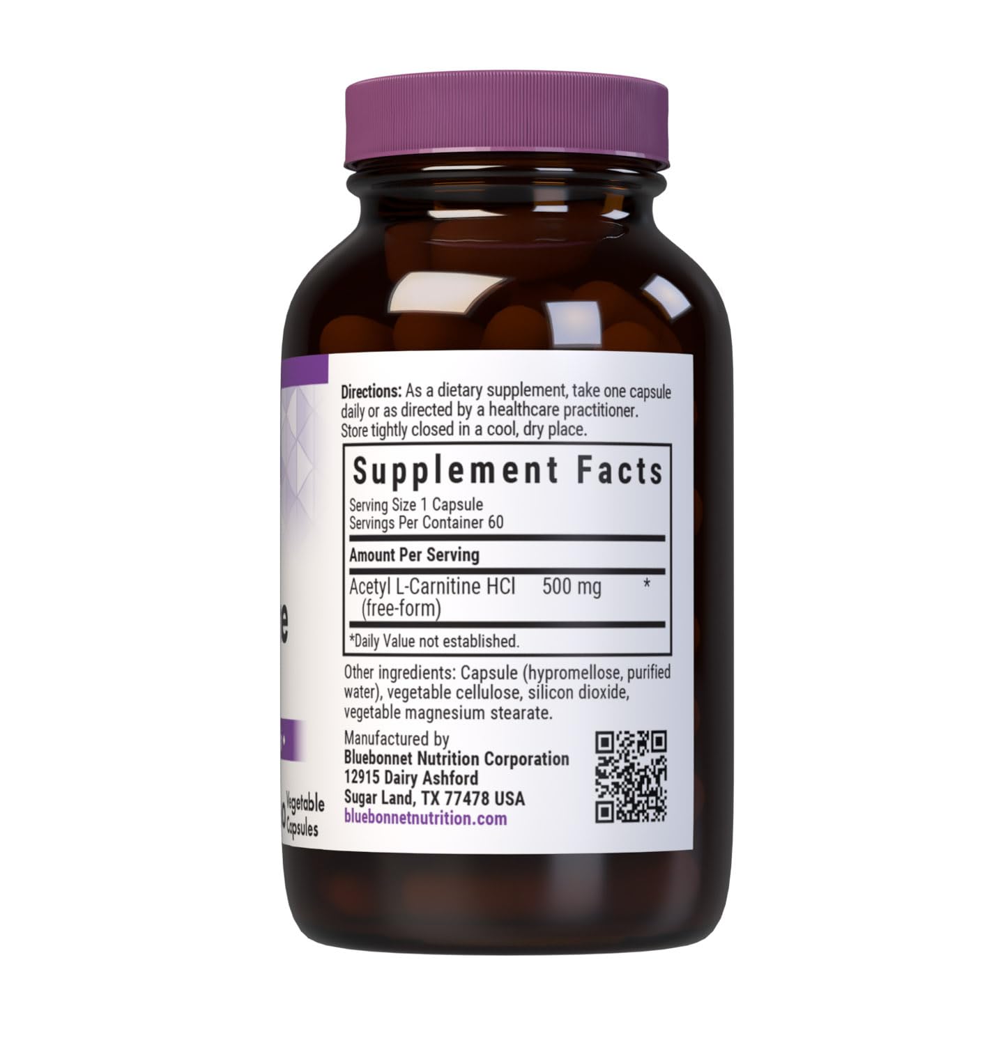 BlueBonnet Acetyl L-Carnitine 500mg vegetable capsules side view
