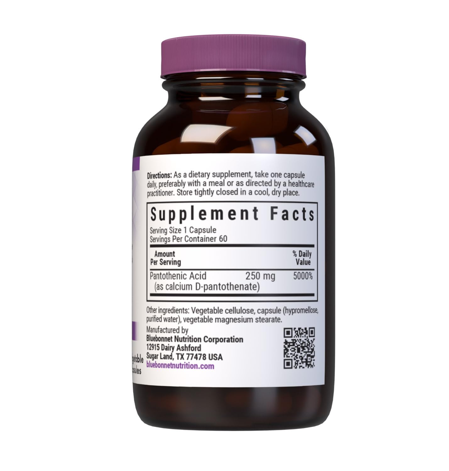BlueBonnet B5 Pantothenic Acid 250mg vegetable capsules side view
