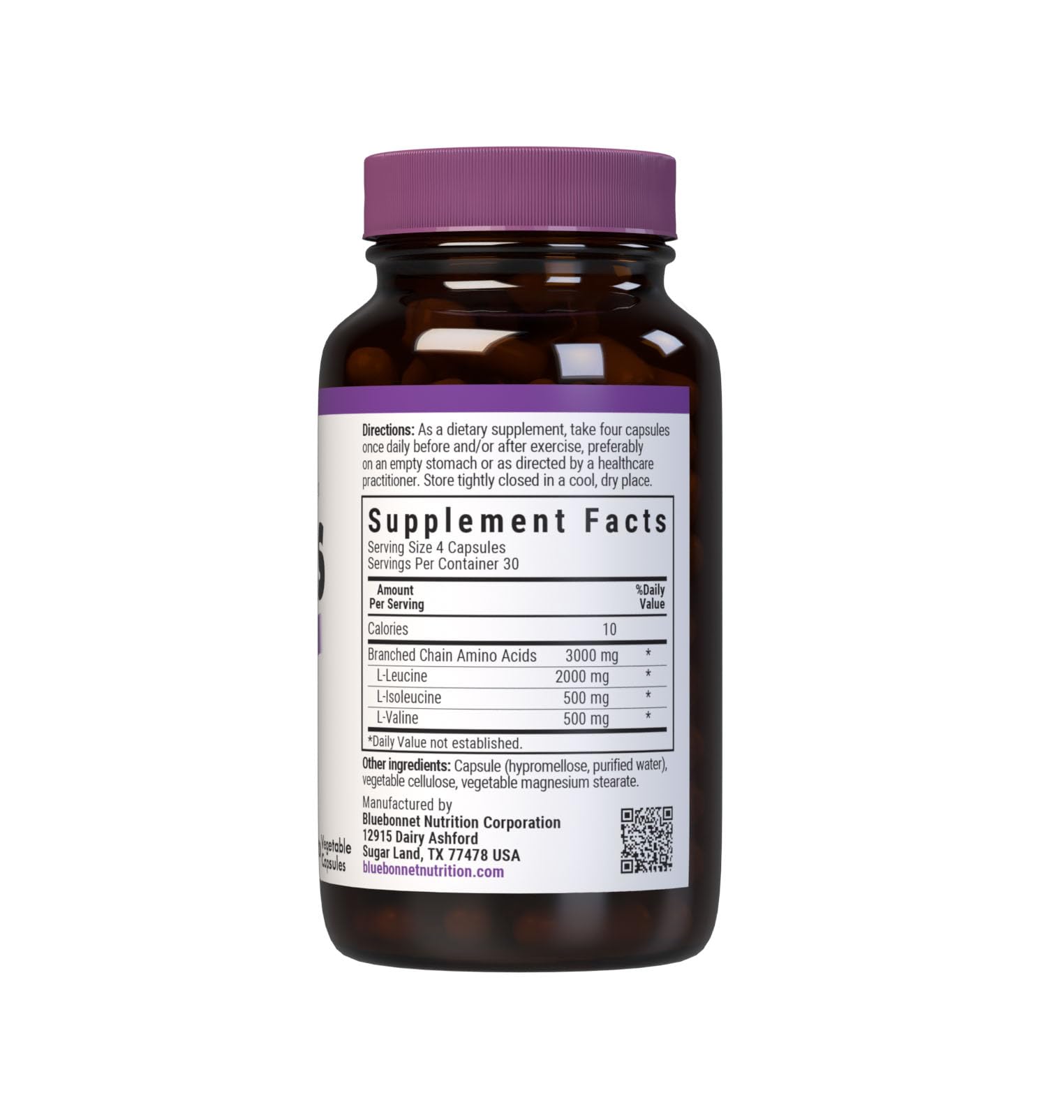 BlueBonnet BCAAs bottle showing label and capsule count